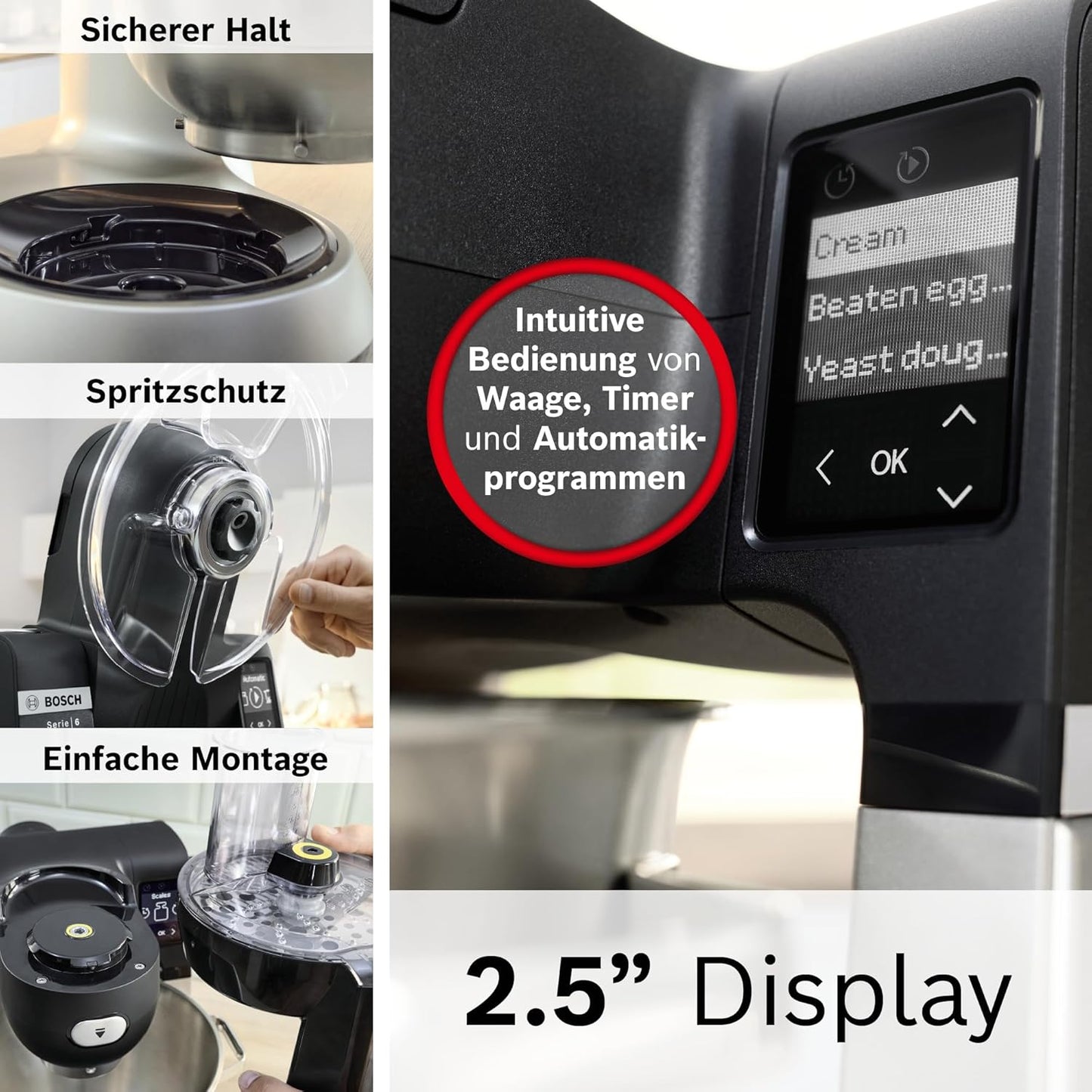 Bosch Küchenmaschine Serie 6 MUMS6ZS13D, NEU, Automatikprogramme, integr.1g Waage, 5,5l Schüssel, Durchlaufschnitzler, Scheiben, Knethaken/Rührbesen/Silikonbesen, spülm.fest, 1.600 W, silber/schwarz