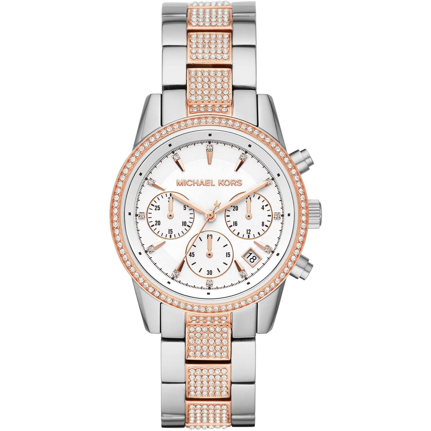 Michael Kors ladies' watch Ritz, 37 mm case size, quartz chronograph movement, stainless steel bracelet