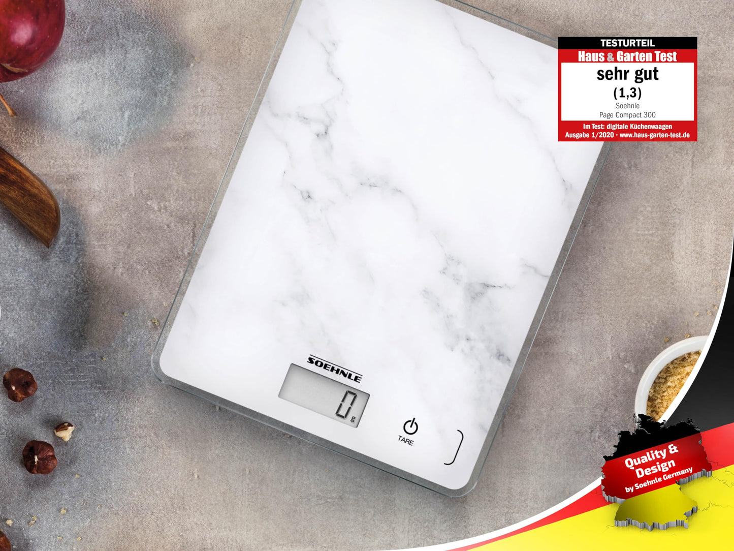 Soehnle Küchenwaage Page Compact 300 weiß, digitale Küchenwaage bis zu 5 kg Tragkraft, Waage mit leicht ablesbarer LCD-Anzeige, Digitalwaage mit Zuwiegefunktion