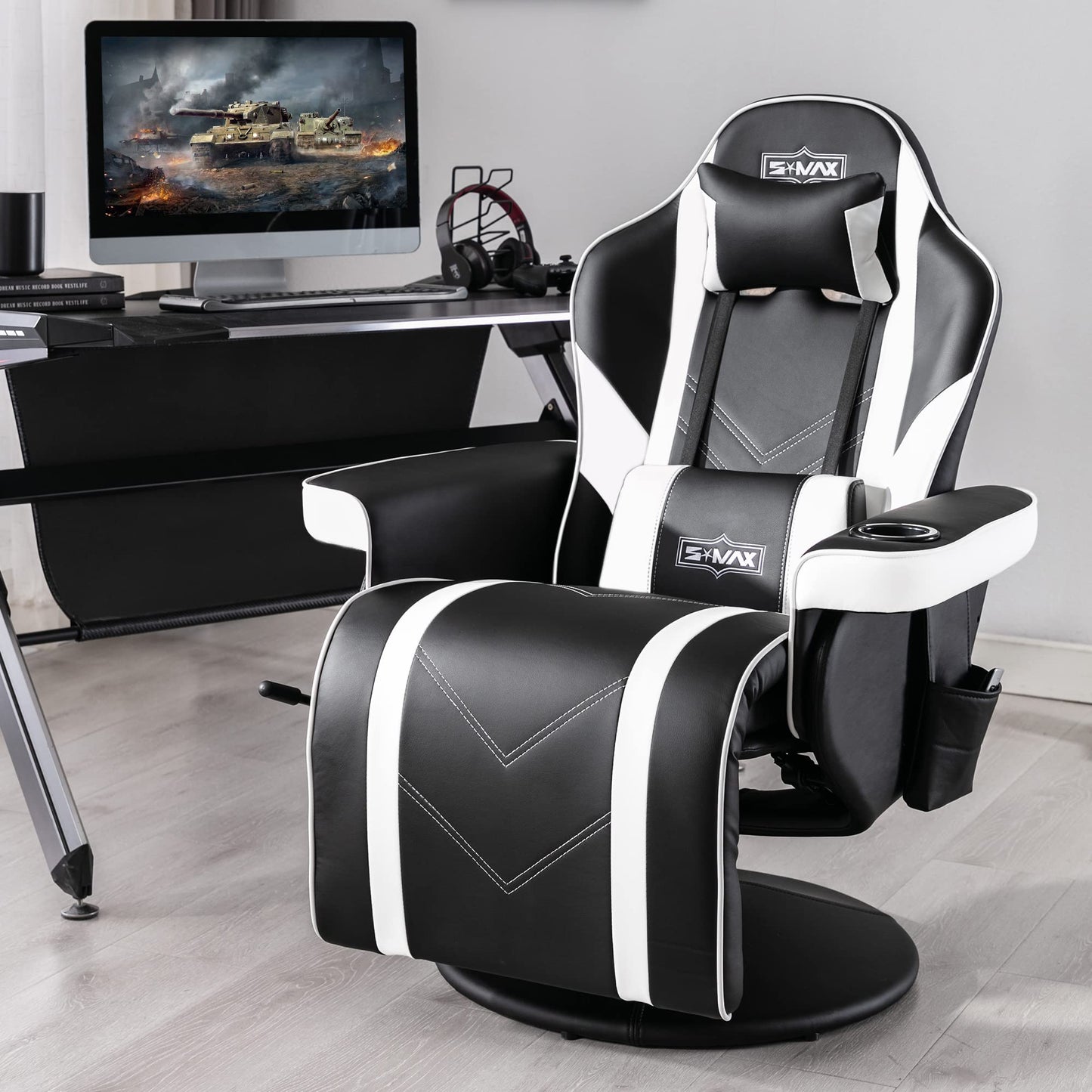 S*MAX Gaming Stuhl mit Fußstütze Gaming Sessel hoher Rückenlehne mit Verstellbarer Rückenlehne Becherhalter Seitentasche Gaming Stühle für Erwachsene Schwarz