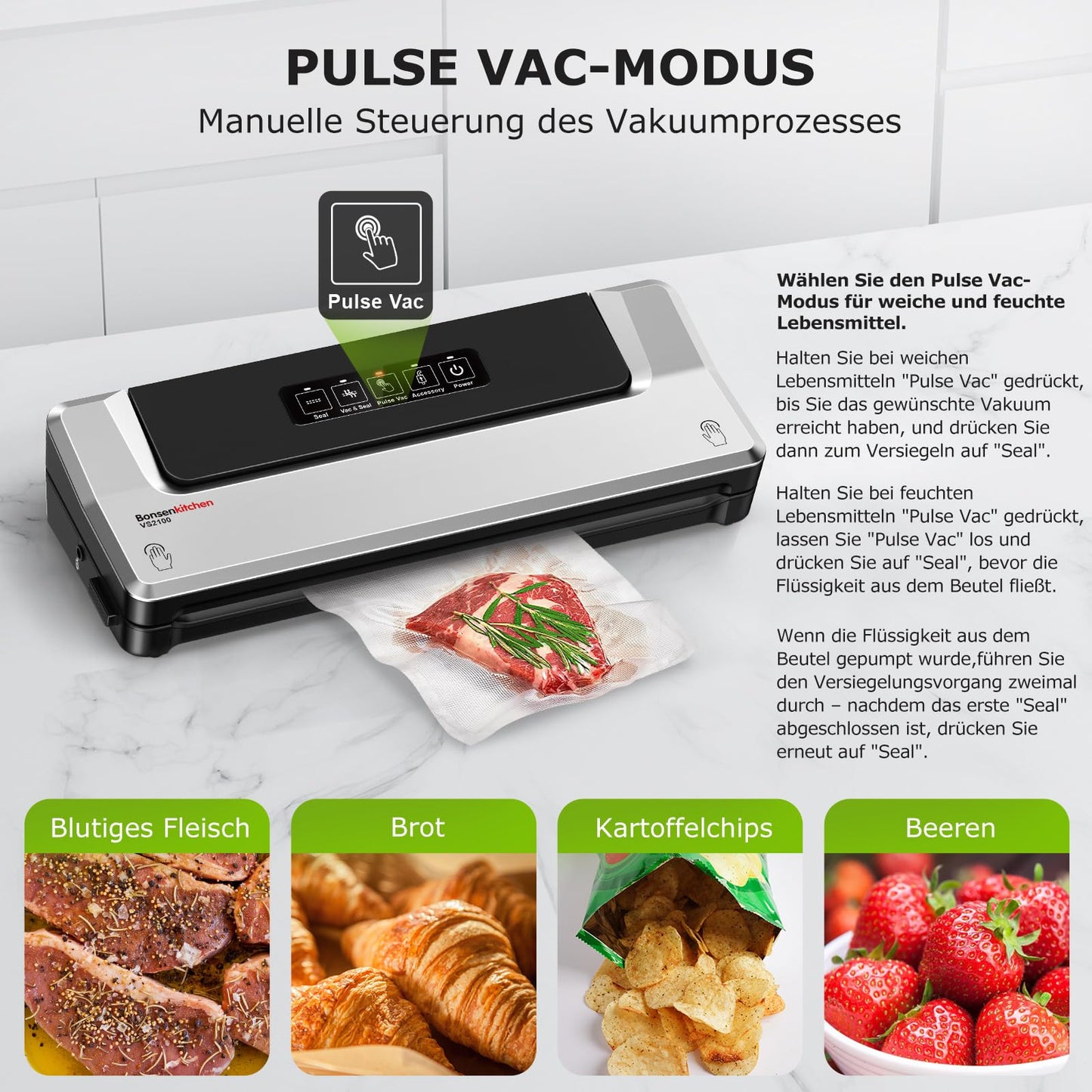 Bonsenkitchen Vakuumiergerät, Vakuumierer Folienschweißgerät für Sous Vide Kochen und Lebensmittel Bleiben bis zu 6x Länger Frisch, 40 Vakuumbeutel Inklusive (Sliber)