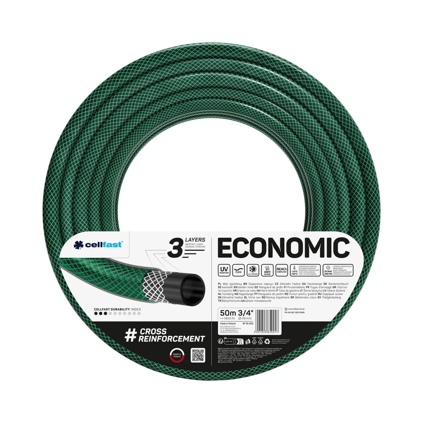 Cellfast 10-002 Gartenschlauch ECONOMIC Elastisch und flexibel 3-lagiger Wasserschlauch aus Polyesterkreuzgewebe, UV-Strahlen- und Algenablagerungbeständig 20 bar Berstdruck, 30m, 44198 zoll, -10 2
