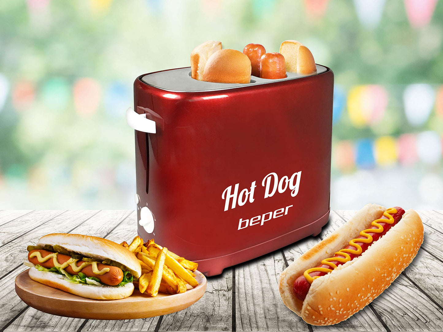 BEPER BT.150Y Hot Dog Maker mit 5 Kochstufen - Hot Dog Maschine im Vintage Design, Rot, 750 W