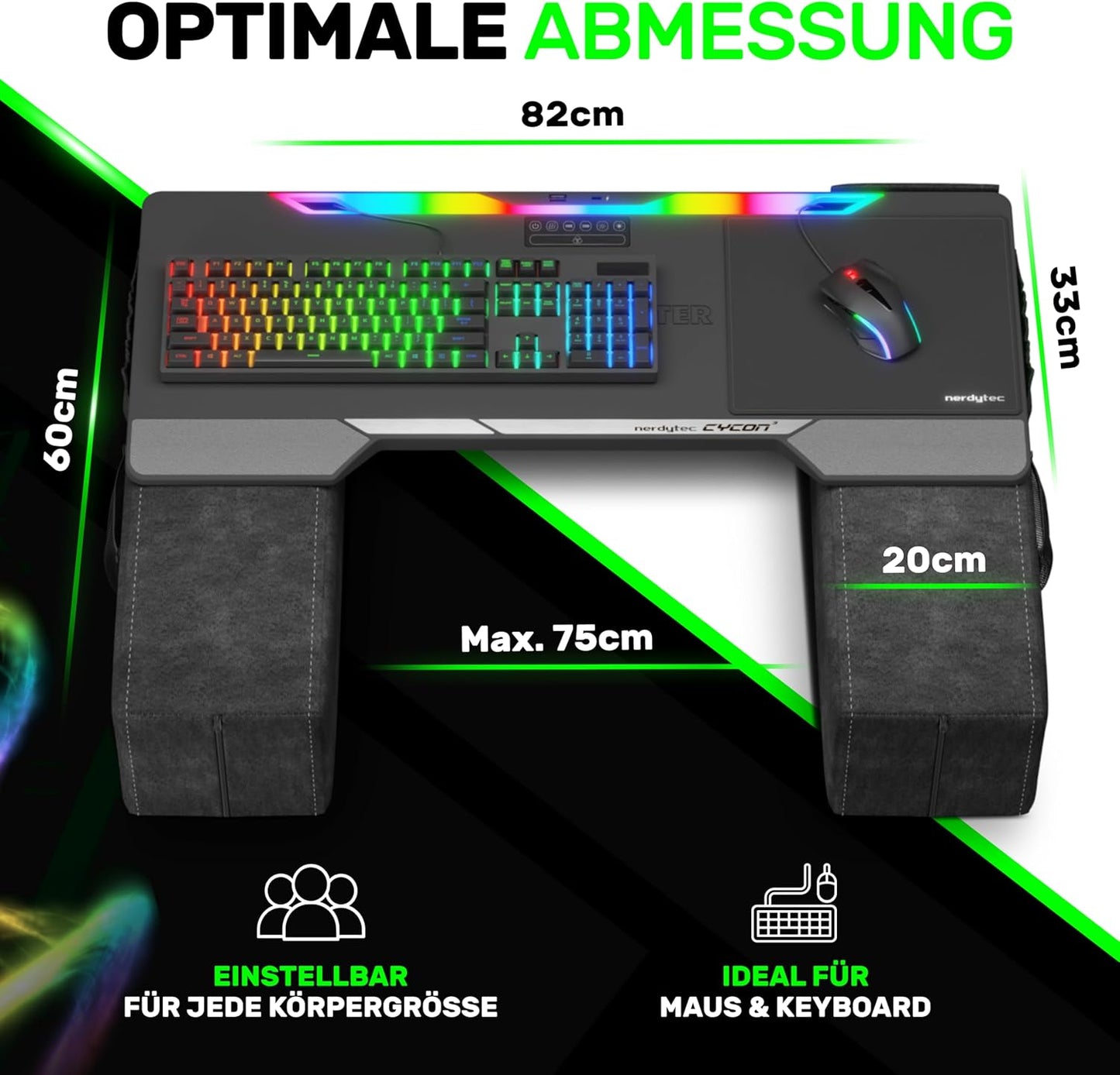 Couchmaster CYCON³ Black HORIZONLIGHT Bar - Ergonomisches Gaming Lapdesk für Couch & Bett - USB Hub Gaming Lapboard - Groß & Stabil (für PC, PS4/5, Xbox One/Series X, Laptops)
