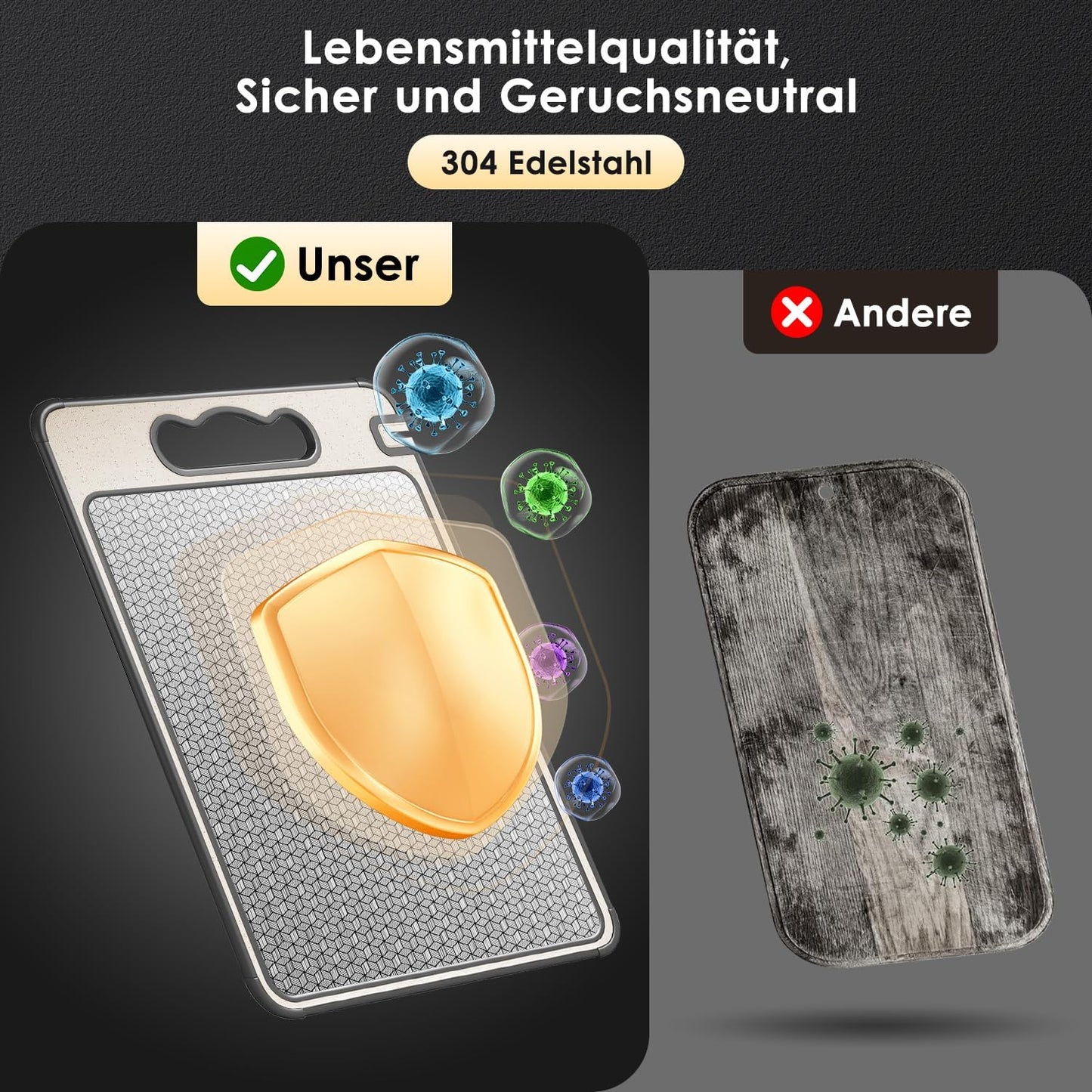 Doppelseitiges Schneidebrett, Lebensmittelechter 304 Edelstahl und Stroh PP, Robust, Kratzfestes Netzdesign für die Getrennte Handhabung von Fleisch und Gemüse, Spülmaschinenfest (36,5 x 25cm)