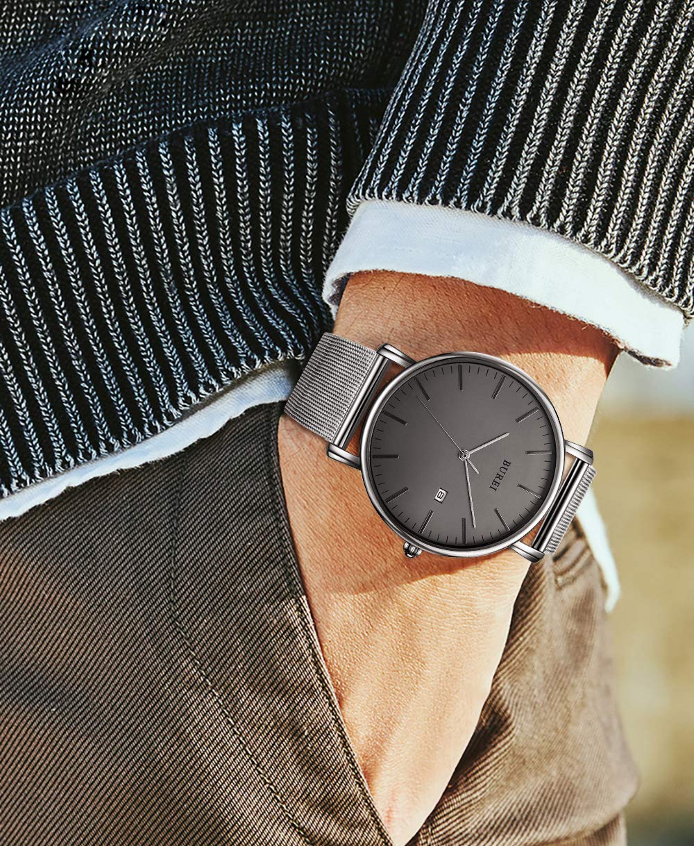 BUREI Ultra Dünne Uhren Herren Schwarze Analoges Datum Armbanduhr Herren mit Japanisches Quarzwerk, Geschenke für Männer
