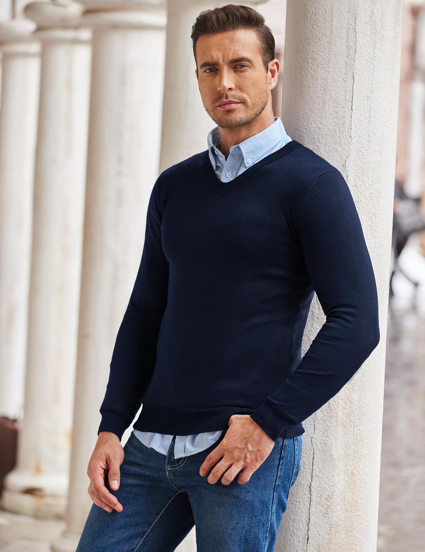COOFANDY Men’s V-Neck Knit Sweater – Classic Long Sleeve Pullover