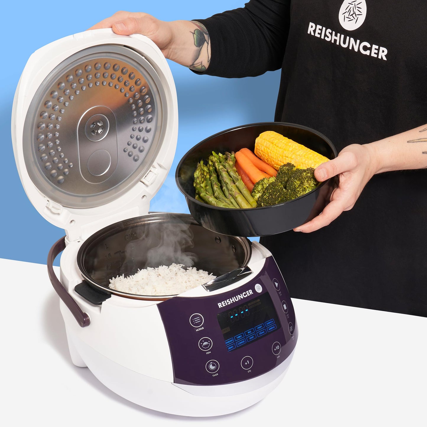 REISHUNGER Digitaler Reiskocher & Dampfgarer Grau | 1,5 L bis 8 Personen | Warmhaltefunktion, Timer & Premium Innentopf | Multikocher, 12 Programme, 7-Phasen-Technologie