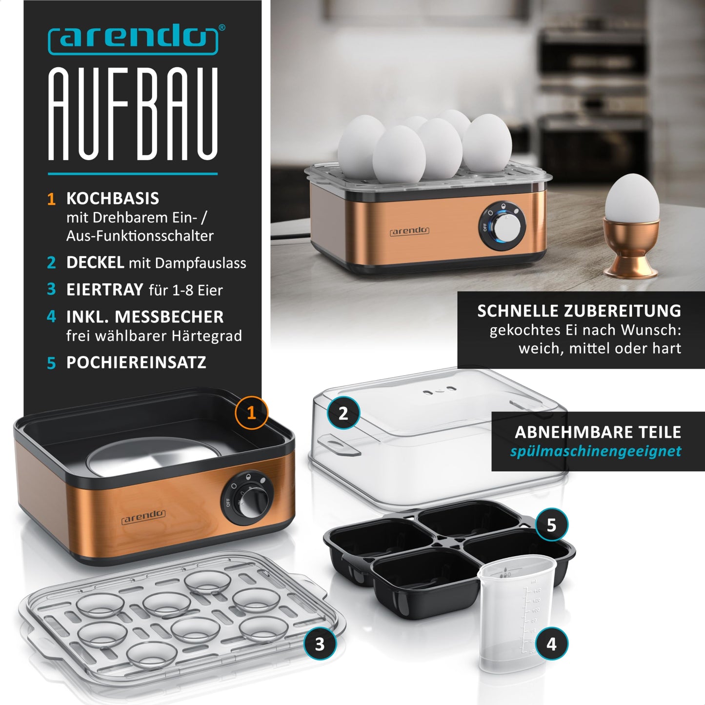 Arendo - Eierkocher Edelstahl für 1 bis 8 Eier - Egg Cooker - 500 W – Kontroll Leuchte – Drehregler für drei Härtegrade - spülmaschinengeeignet | Cool Grey