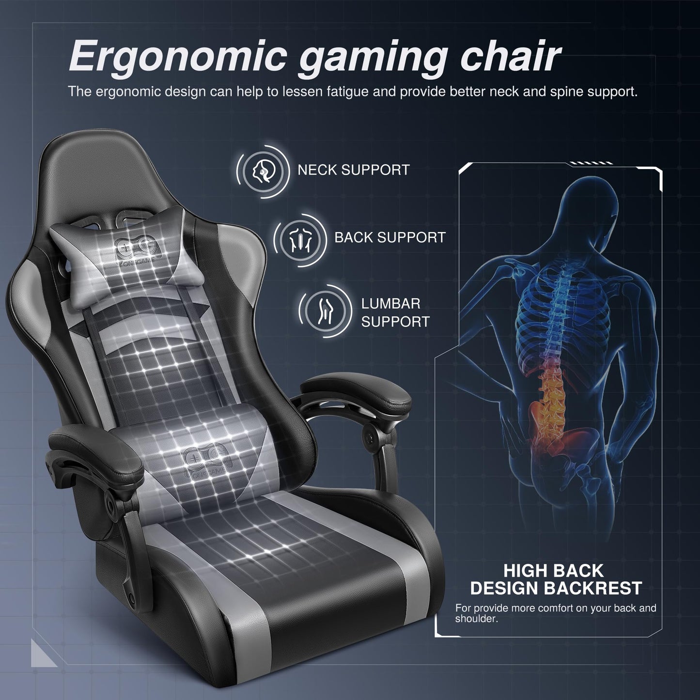 OneGame Ergonomischer Gaming Stuhl, hoher Rücken Computer Gamer Stuhl, höhenverstellbarer Game Stuhl, Racing Style Gaming Bürostuhl mit Kopfstütze und Lendenwirbelstütze, Schwarzweiß