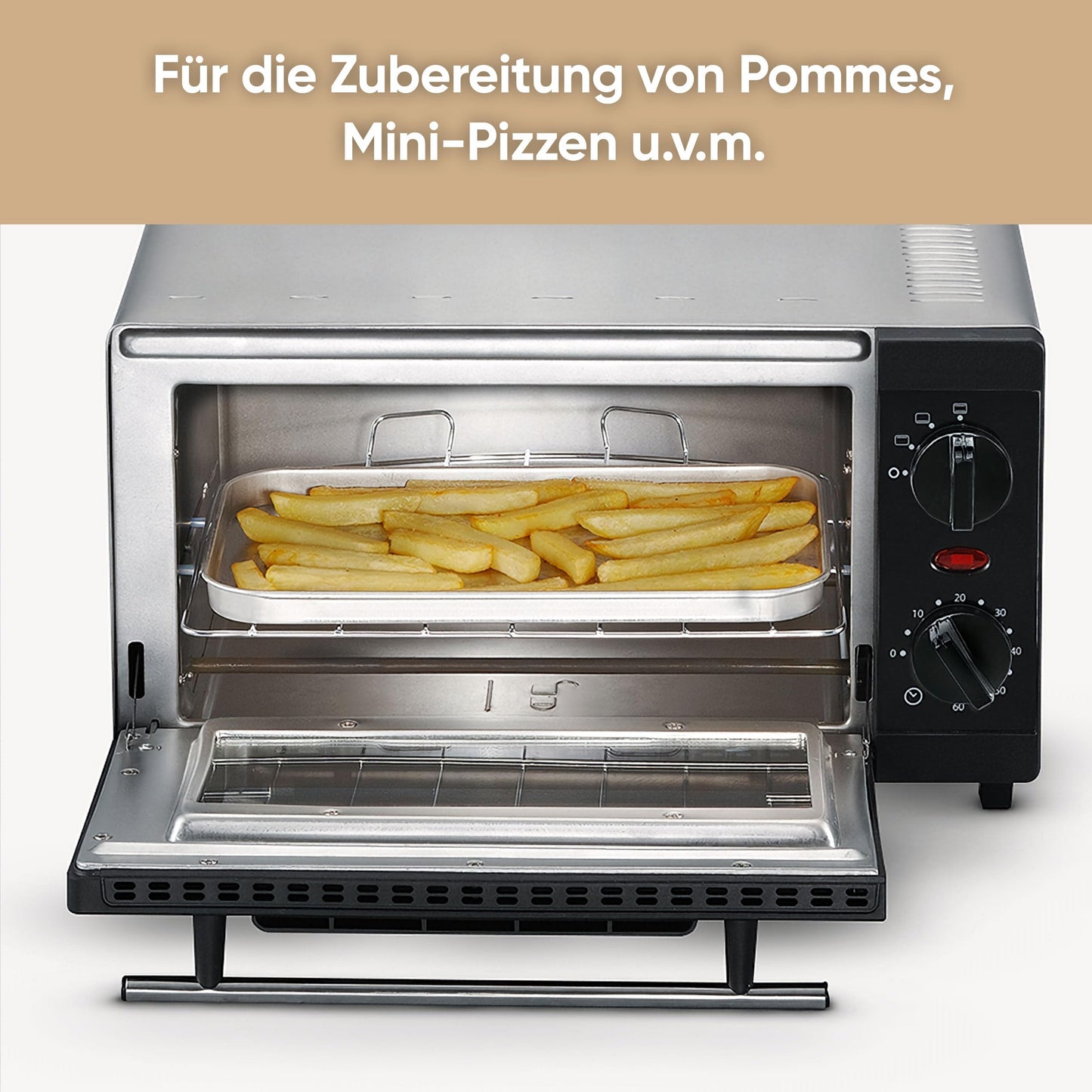 SEVERIN Mini Back- und Toastofen, kompakter Backofen inkl. Grillrost und Backblech, mit Ober- und Unterhitze, 800W, 9 L, silber /schwarz, TO 2052