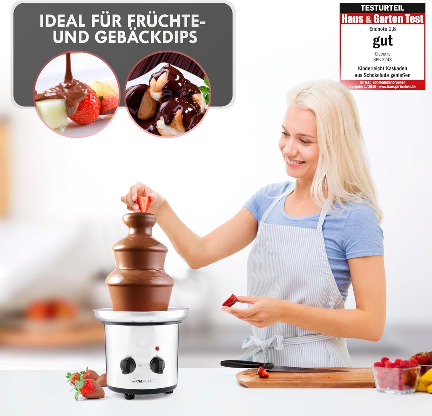 Clatronic® Schokobrunnen mit exzellentem Schokofluss | für Früchte und Gebäck I Schokoladenbrunnen leicht zu reinigen | Schokobrunnen mit Schmelzfunktion I Schokoladenbrunnen klein I SKB 3248