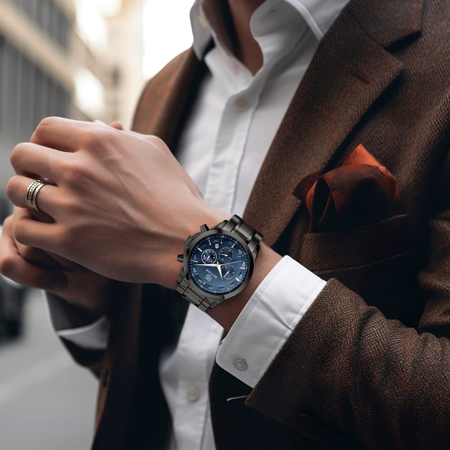 BY BENYAR Uhren Herren Chronograph Analog Quarz Wasserdicht Armbanduhr Herren Mode Lässig Business Herrenuhr mit Kalender Lederarmband/Edelstahlarmband Uhr Geschenk für Männer