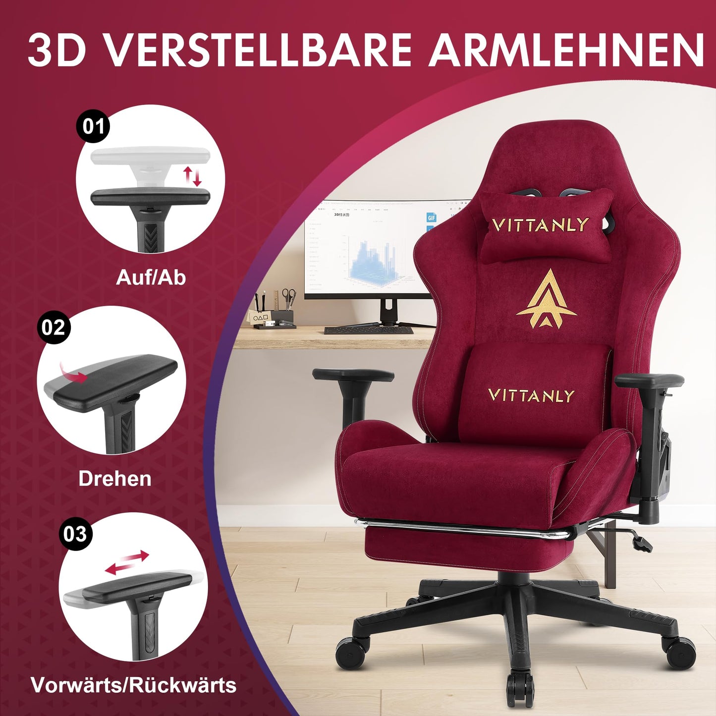 Vittanly Gaming Chair, Luxurious Breathable Imitation Suede Office Chair Gaming Chair, Ergonomic Gamer Chair with Footrest Headrest and Lumbar Cushion, 3D Armrests, 90-155° Backrest, Gray