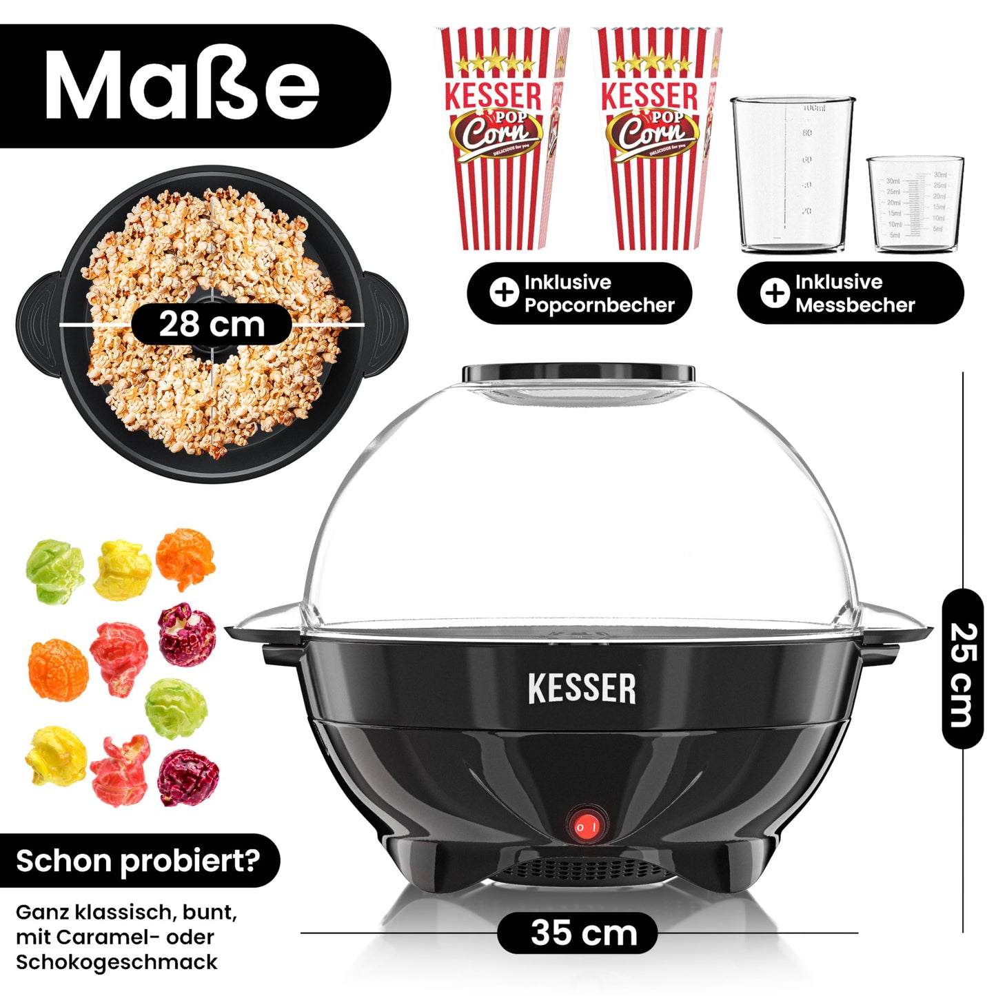 KESSER® Popcornmaschine Groß 800W | Popcorn-Maker 5,5l Inhalt mit Antihaftbeschichtung Deckel & Servierschale | für Öl Butter Zucker Stille & Schnelle inkl. abnehmbarer Heizfläche