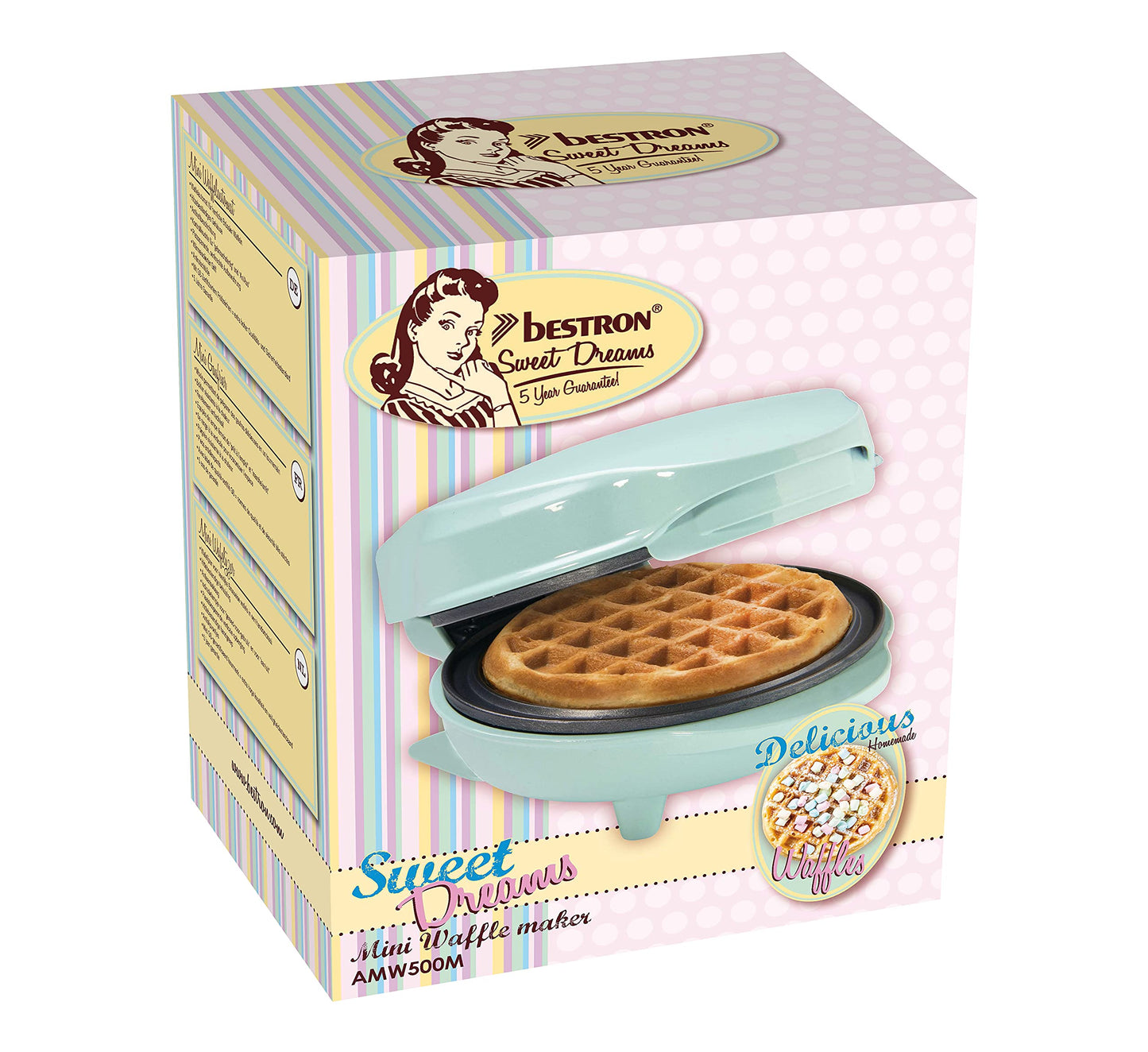 Bestron Mini-Waffeleisen für klassische Waffeln, kleiner Waffelmaker mit Antihaftbeschichtung, für Kindergeburtstage, Familienfeiern, Ostern oder Weihnachten, Retro Design, 550 Watt, Farbe: Rosa