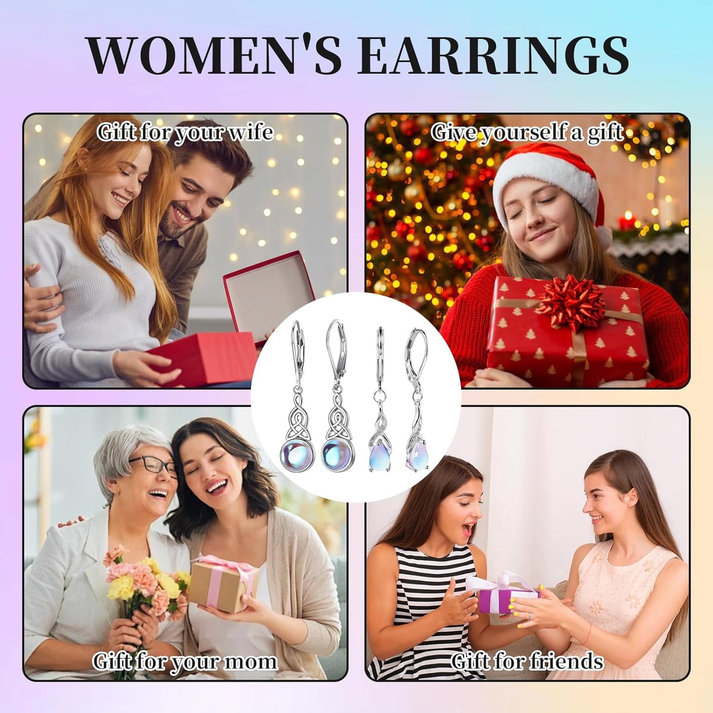 2 Pair 925 Sterling Silver Moonstone Dangle Earrings for Women