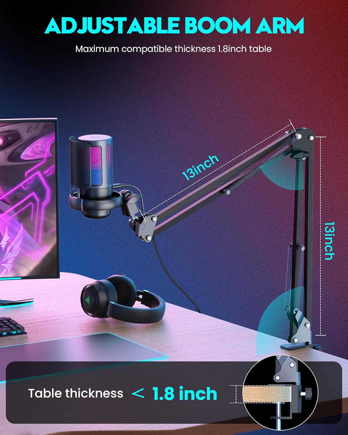 QIUOIO Gaming Mikrofon PC: USB Mikrofon Mit Arm - RGB Podcast Mikrofon - Streaming Mikrofon - Microphone for PC - Gaming Mic Fuer PS4/PS5/MAC - USB Micro PC - Gaming Mic