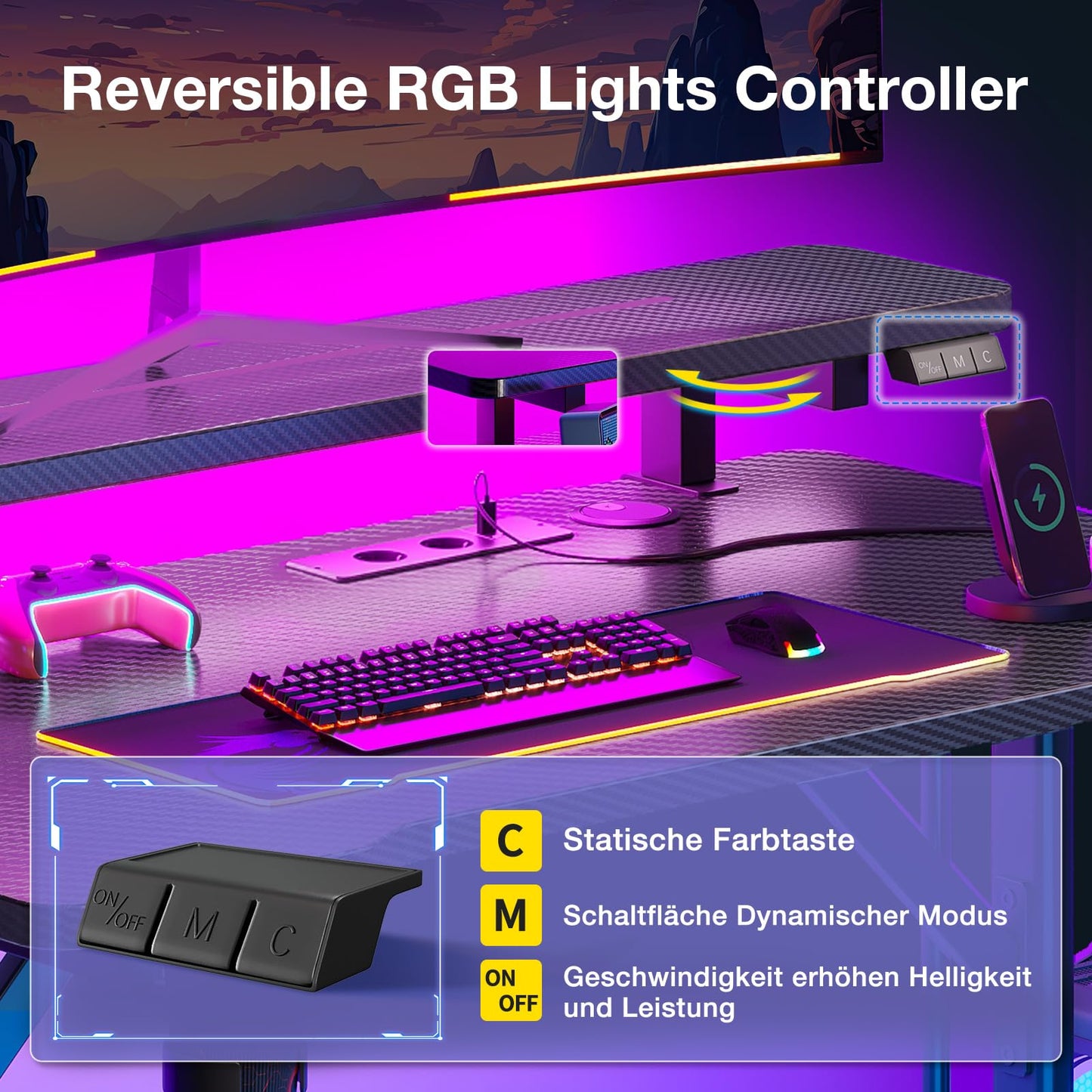 ODK Gaming Tisch, Kleiner Gaming Schreibtisch mit LED Beleuchtung & Steckdosen, Computertisch mit Monitorablage, Carbon Fiber Schwarz PC Gamer Tisch 100cm