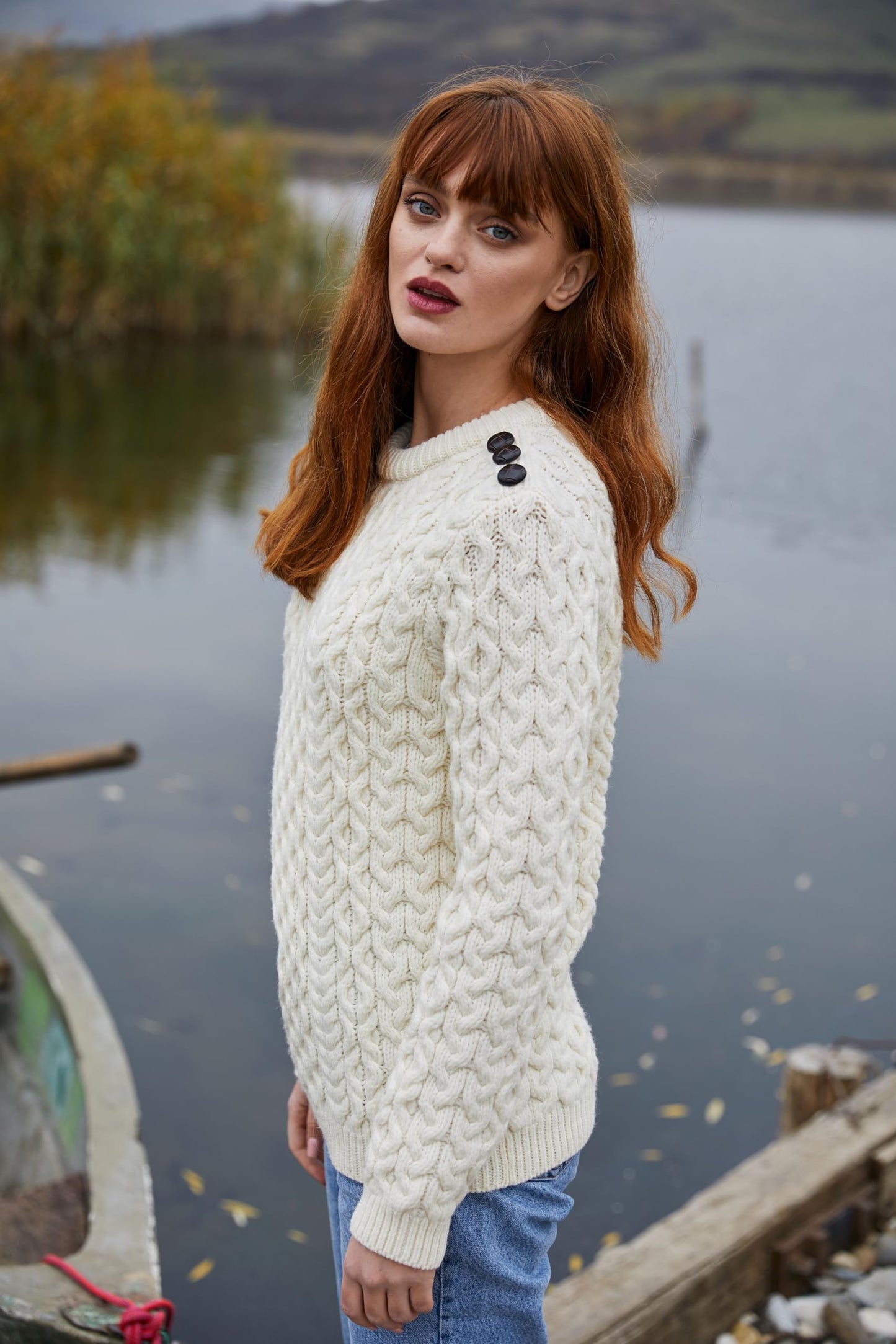 SAOL Women’s Merino Wool Sweater – Aran Knit with Side Buttons