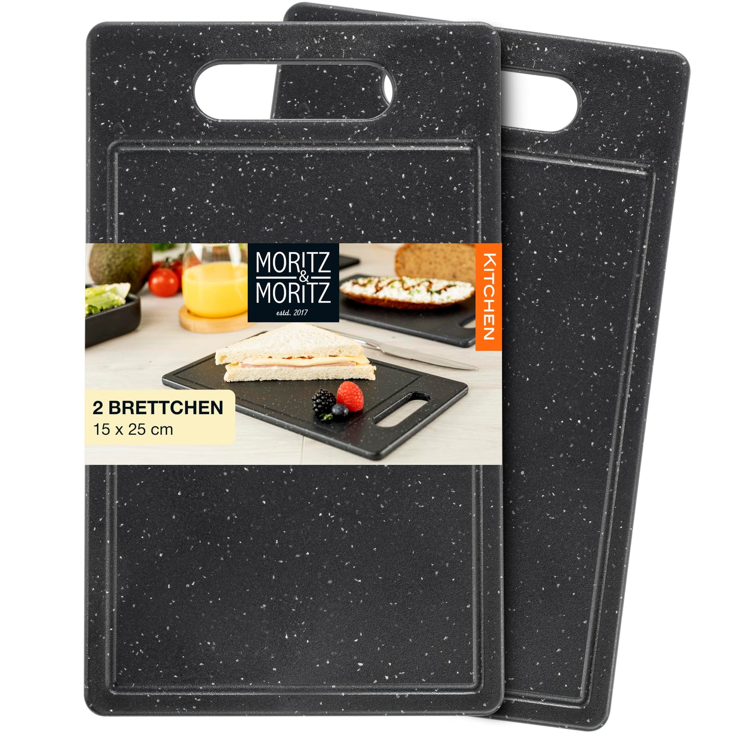 Moritz & Moritz 2x Schneidebrett Kunststoff Set in Granit Optik - 25 x 15 cm - Schneidebretter BPA frei - Frühstücksbrettchen - Schneidebrett Set hygienisch und spülmaschinenfest