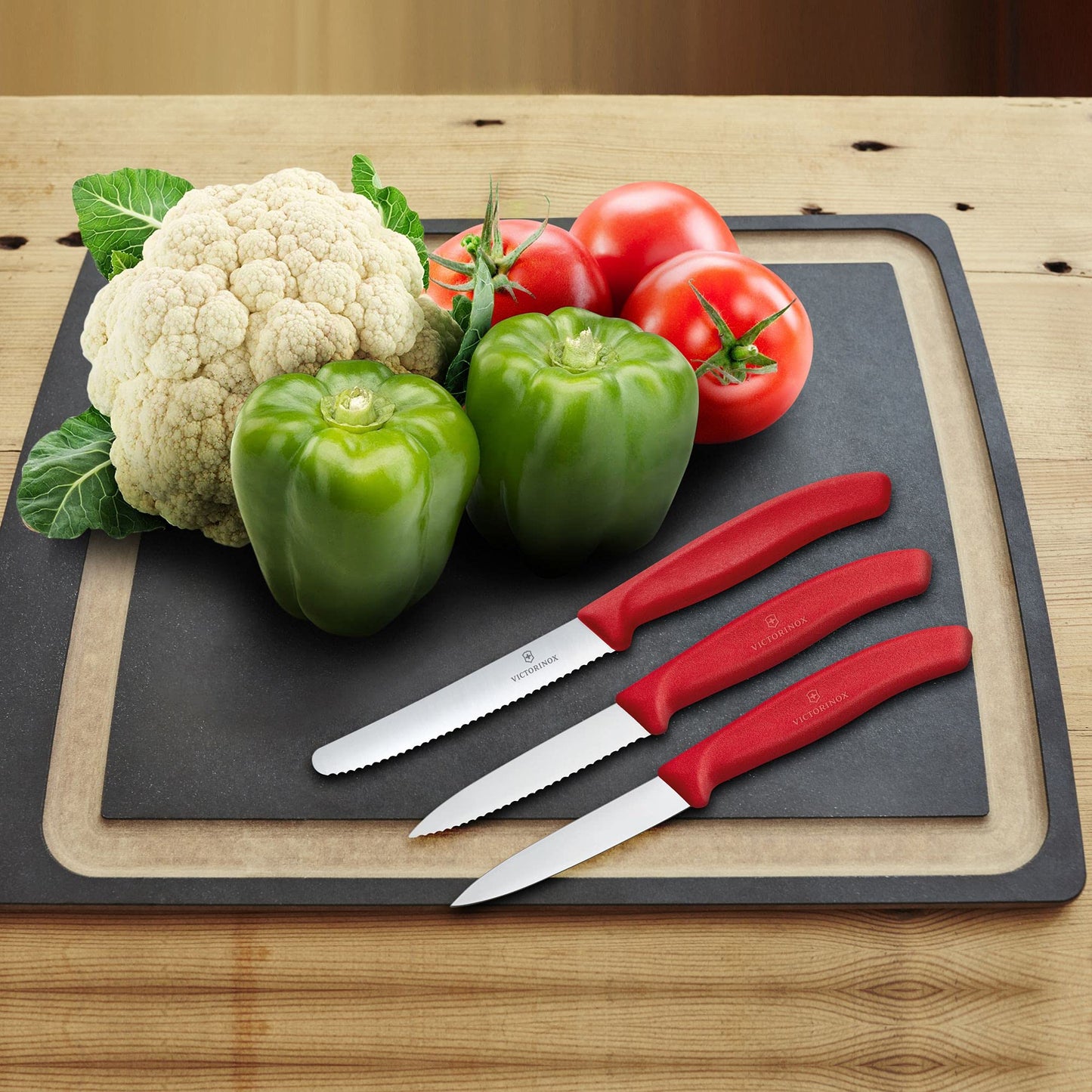 Victorinox Swiss Classic Gemüsemesser-Set, 3-teilig, Obstmesser, Gerader Schliff, Extra Scharf, Robuster Kunststoffgriff, mehrfarbig