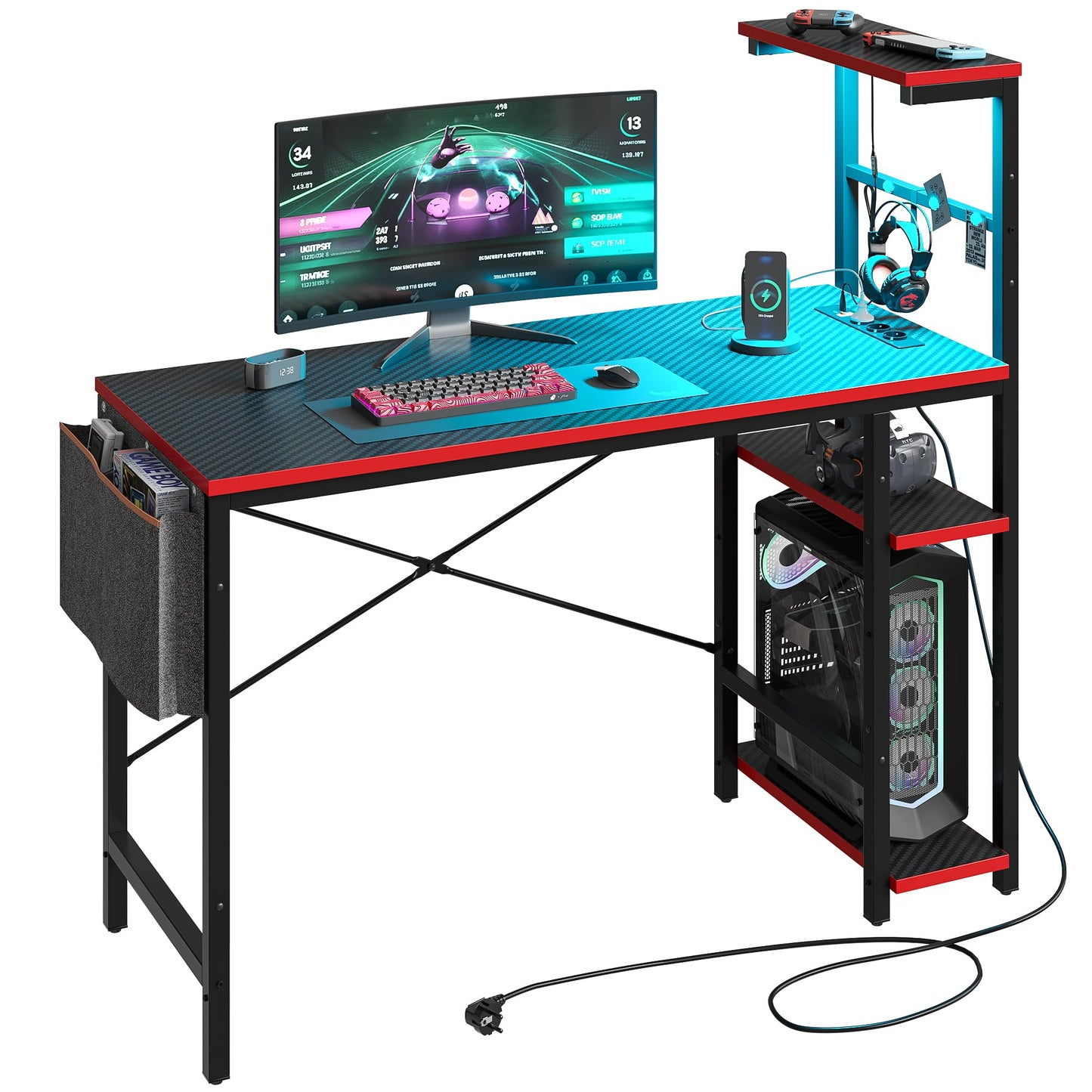 Bestier 113CM Eck-Computertisch mit Steckdosen Computertisch mit LED-Leuchten Umkehrbarer Schreibtisch mit Seitentasche Aufbewahrungstasche & Zubehöraufhänger für Home Office Small Space Weiß