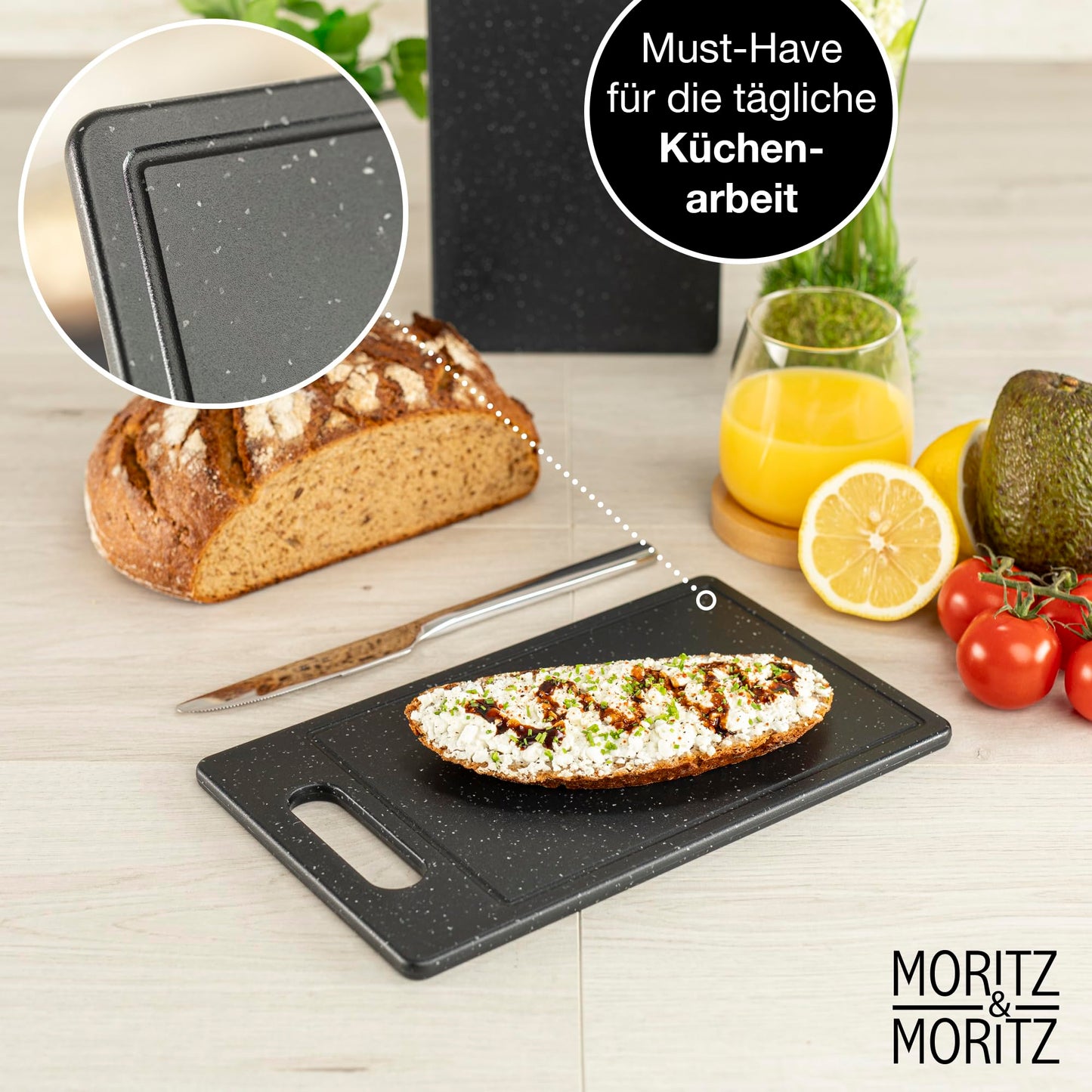 Moritz & Moritz 2x Schneidebrett Kunststoff Set in Granit Optik - 25 x 15 cm - Schneidebretter BPA frei - Frühstücksbrettchen - Schneidebrett Set hygienisch und spülmaschinenfest