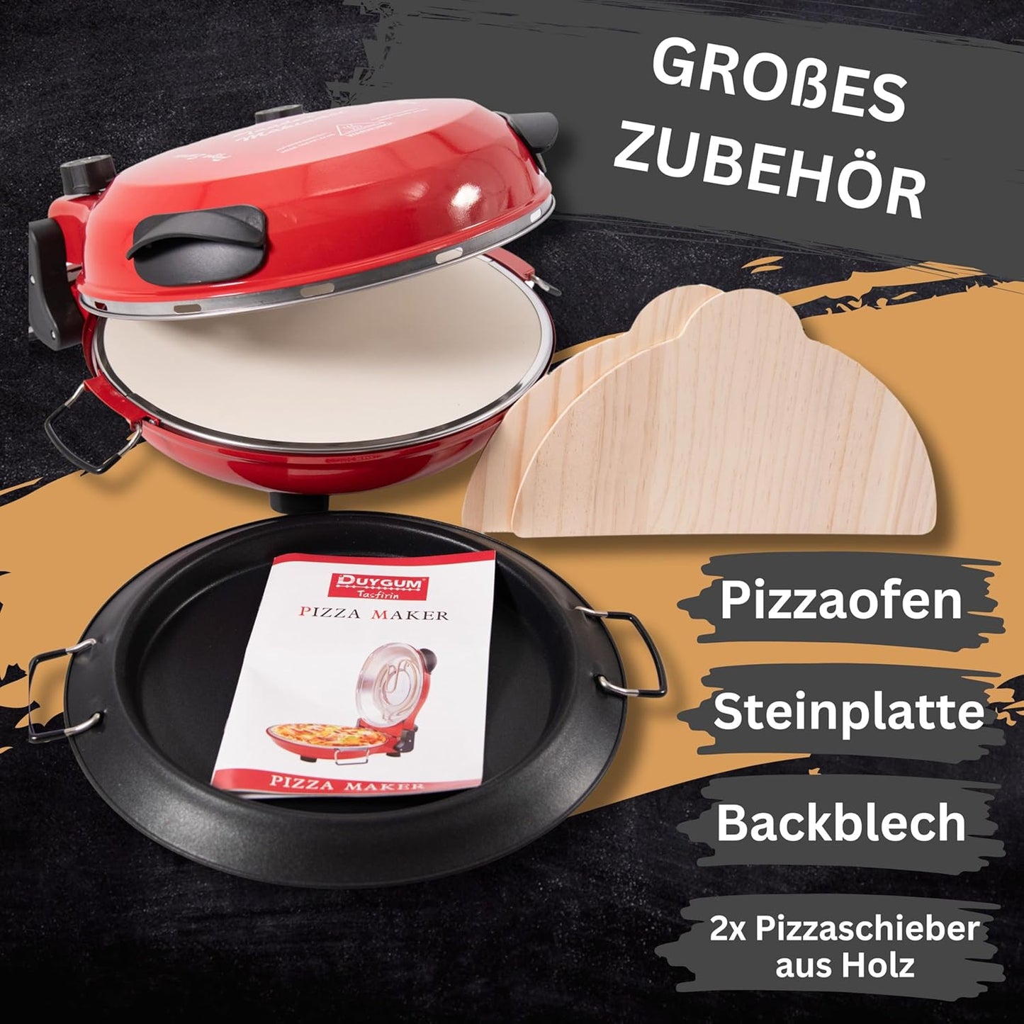 TruWare Pizzaofen elektrisch bis 400 Grad | Elektrischer Pizzabäcker mit Pizza-Schieber Steinplatte und Backblech | 32 cm Pizzastein