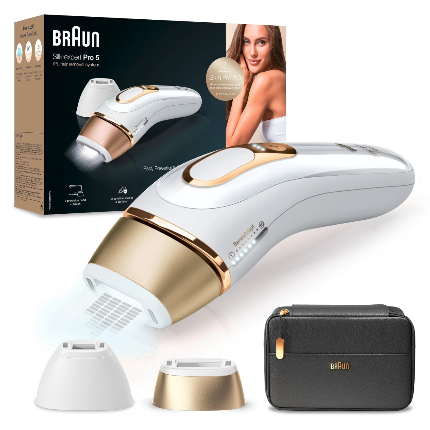 Braun IPL Silk Expert Pro 5 Haarentfernungsgerät Damen/Herren, 2 Aufsätze, sichtbare Haarentfernung, Designed In Germany, Venus Rasierer, Alternative zu Laser Haarentfernung, PL5157, weiß/gold