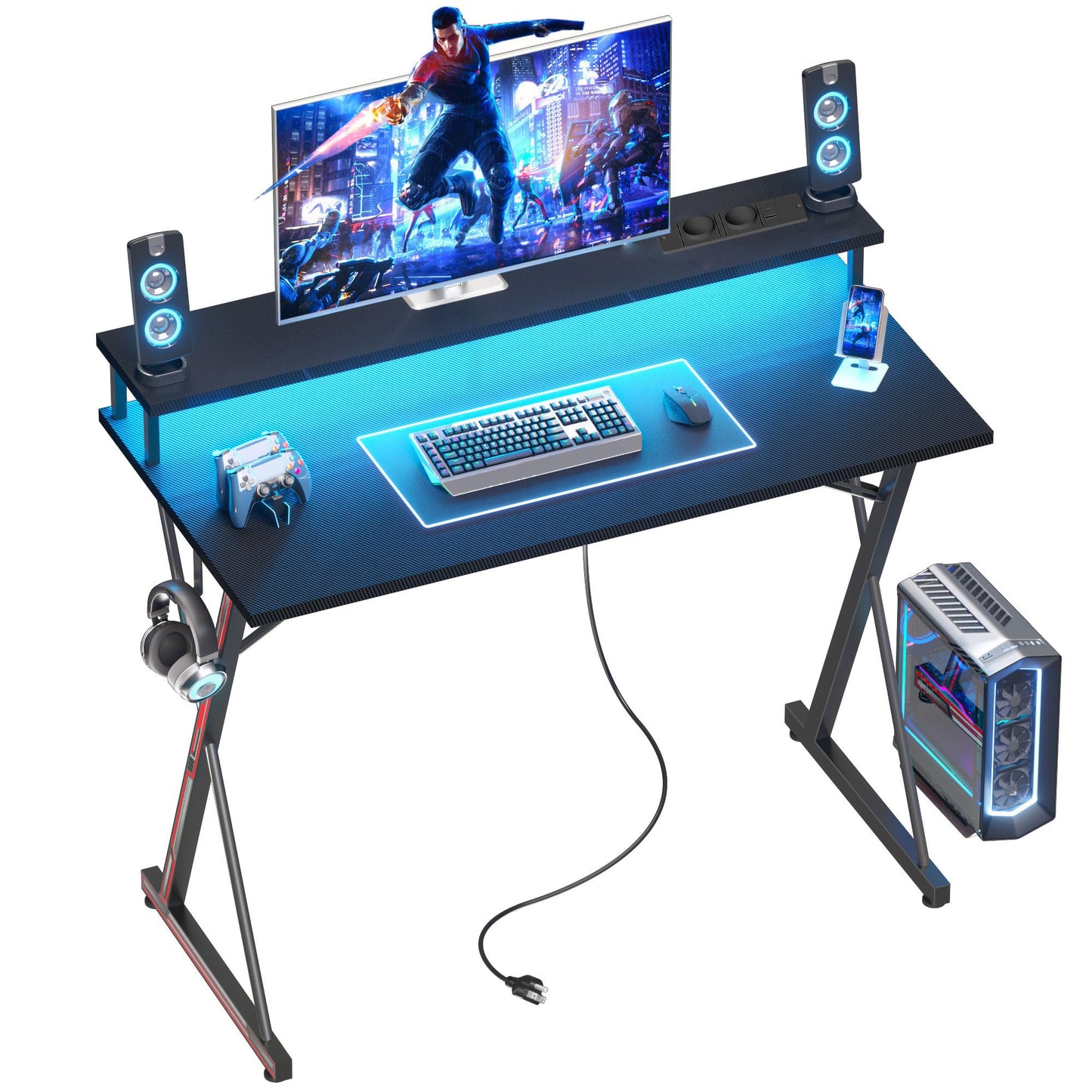BEXEVUE Gaming Schreibtisch mit Steckdosenleiste LED – 100x50 cm Ergonomic Computer Gamer Tisch, Großer PC Monitorständer, Moderner X Rahmen, Kopfhörerhaken, Studium Arbeit Zuhause Schlafzimmer