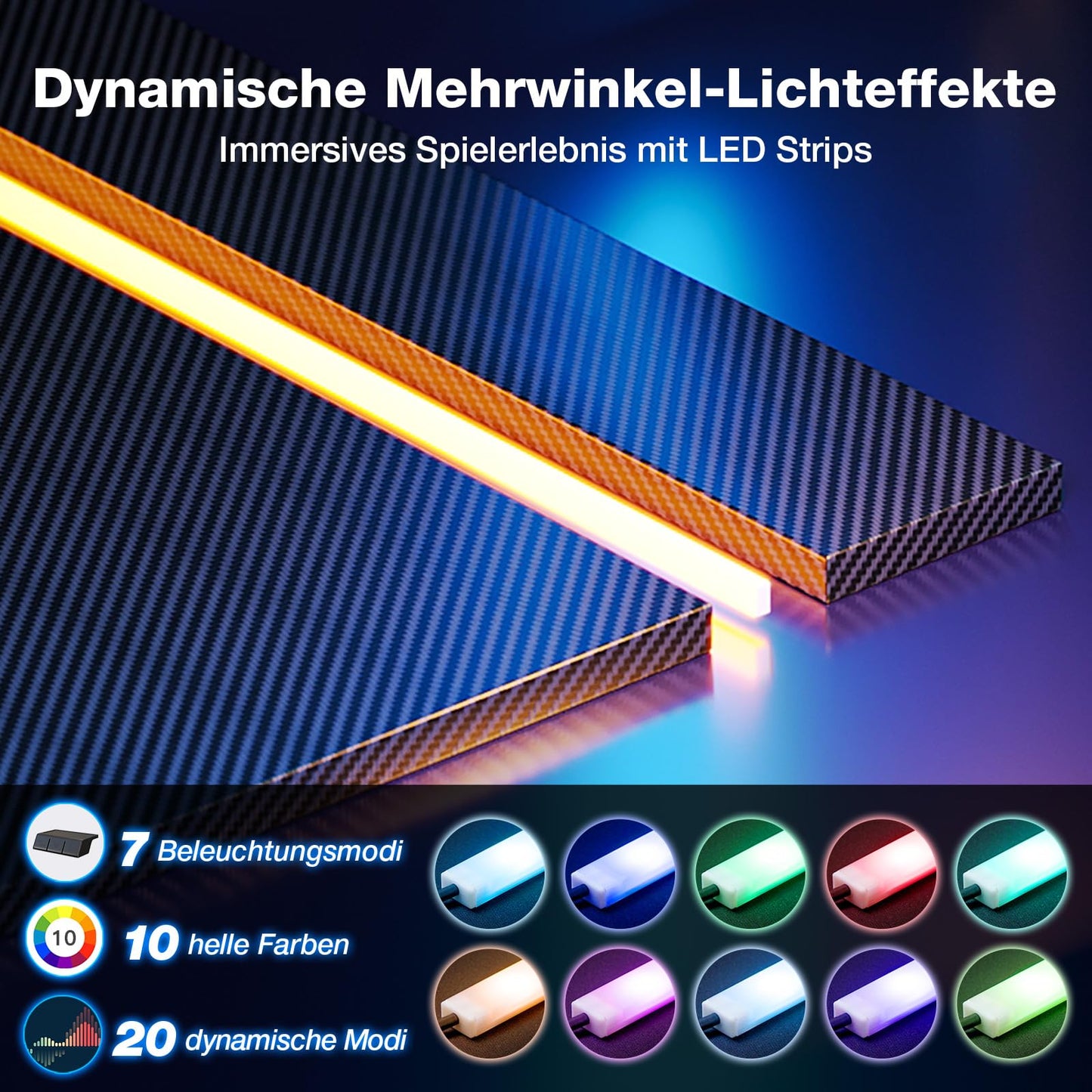 ODK Gaming Tisch mit LED & Steckdose, Gaming Schreibtisch mit Becherhalter und Kopfhörerhaken, Doppel-Z-Rahmen-Design Kleiner Computertisch, Carbon Fiber Schwarz PC Tisch 120 cm