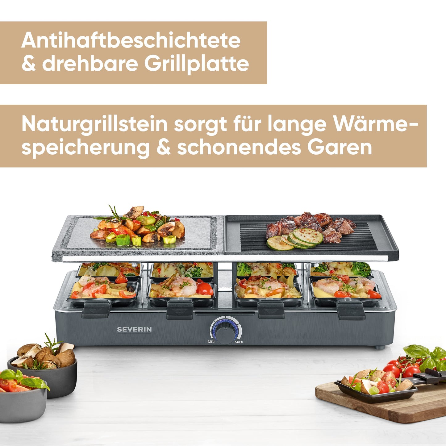 SEVERIN Raclette-Grill mit Naturgrillstein und Grillplatte, Raclette mit antihaftbeschichteter Grillplatte und 8 Pfännchen, Tischgrill für 8 Personen, max. 1300 W, schwarz, RG 2371
