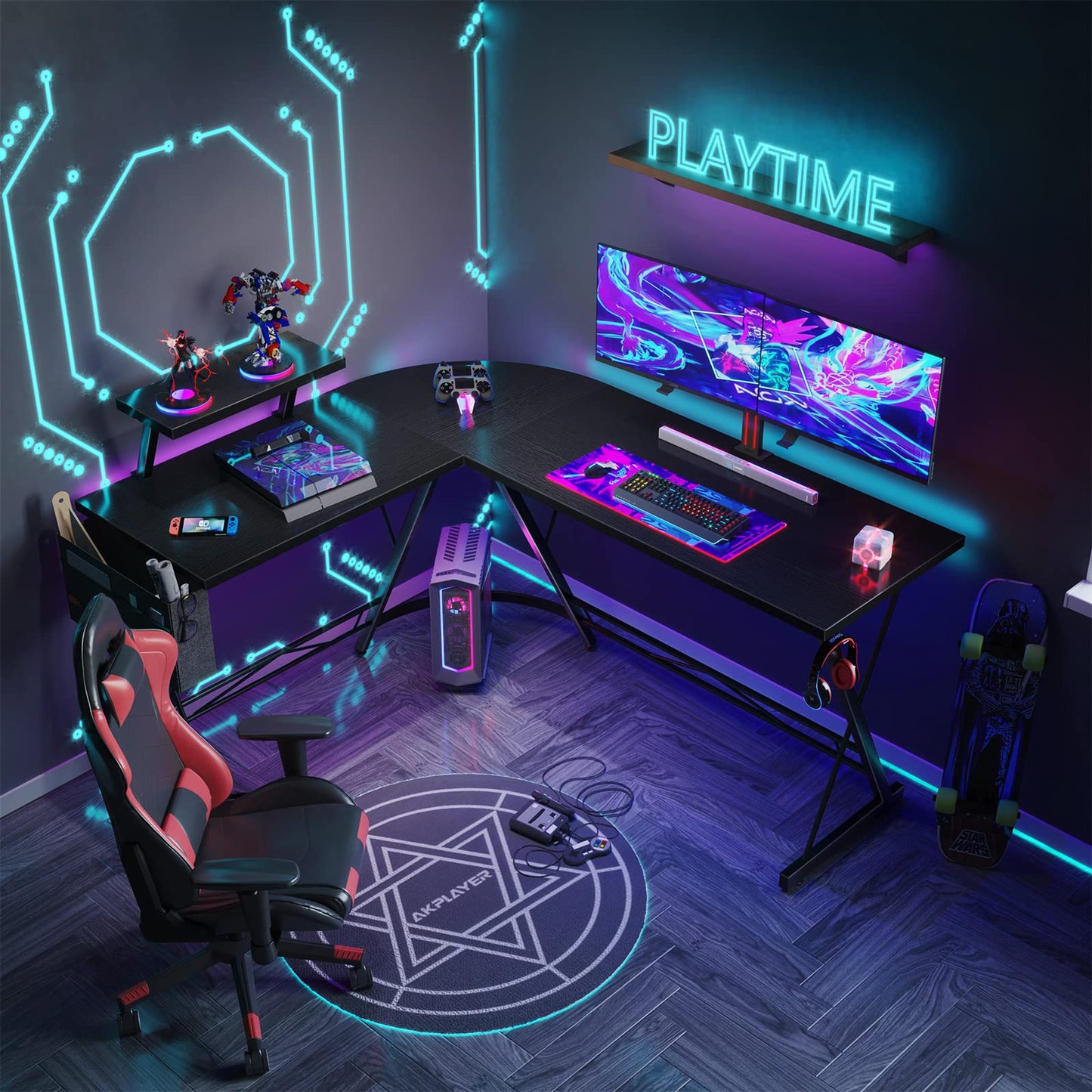ODK Gaming Tisch, Gaming Schreibtisch Eckschreibtisch für Gamer, Schreibtisch L Form mit Monitorständer für Büro (Schwarz, 127 x 127 cm)