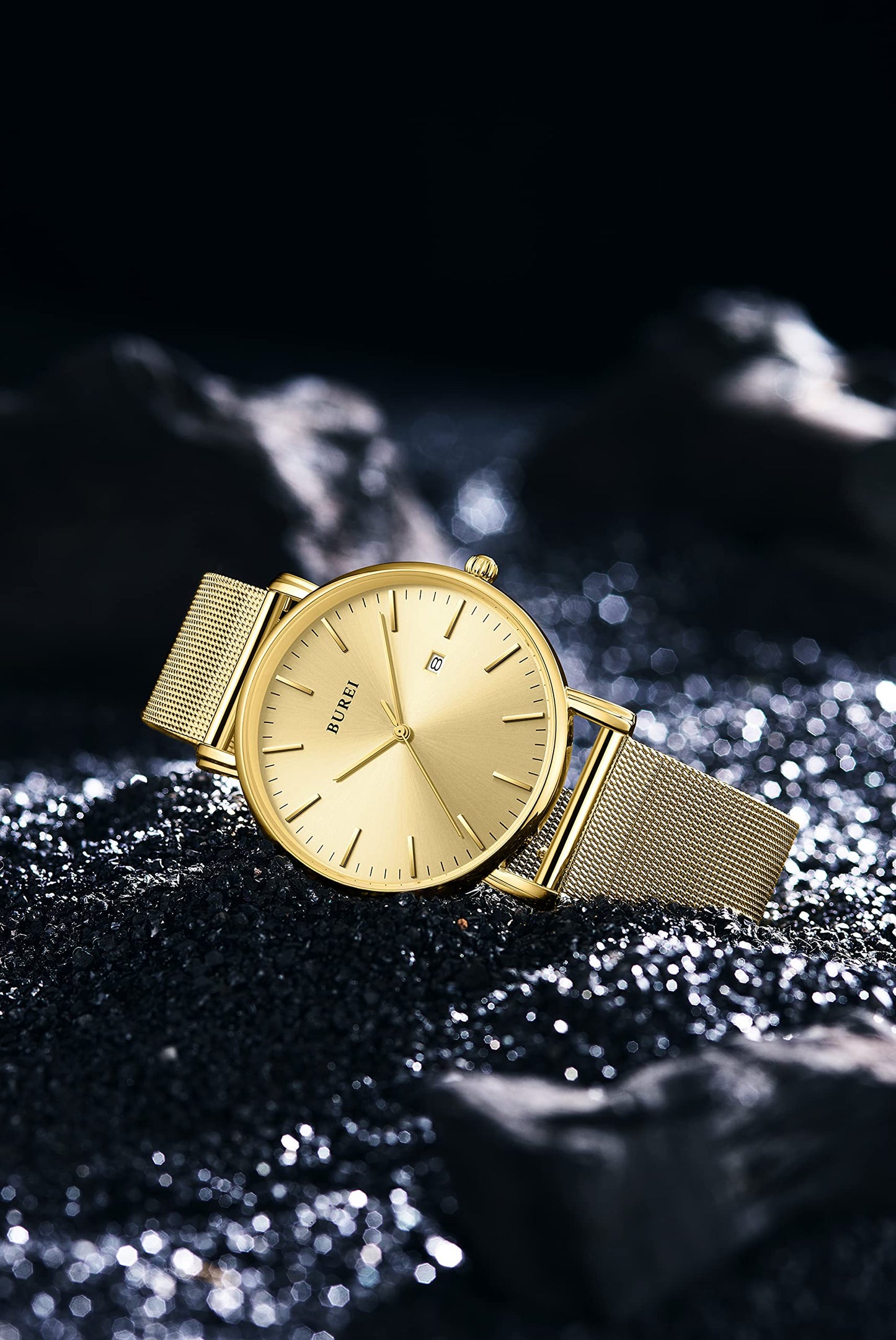 BUREI Ultra Dünne Uhren Herren Schwarze Analoges Datum Armbanduhr Herren mit Japanisches Quarzwerk, Geschenke für Männer