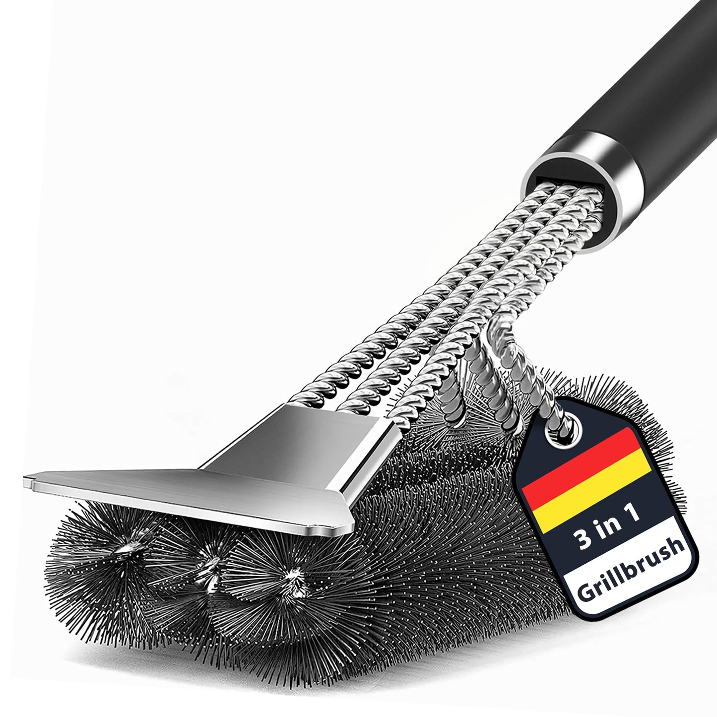 Grillbürste, TNTOR Grill Reinigungsbürste mit Extra Langer Edelstahl Borsten, Edelstahl Spatel und PP Wärmedämmung Griff, für Gasgrill, Holzkohlegrill, Kugelgrill, Elektrogrill und Grillrost.