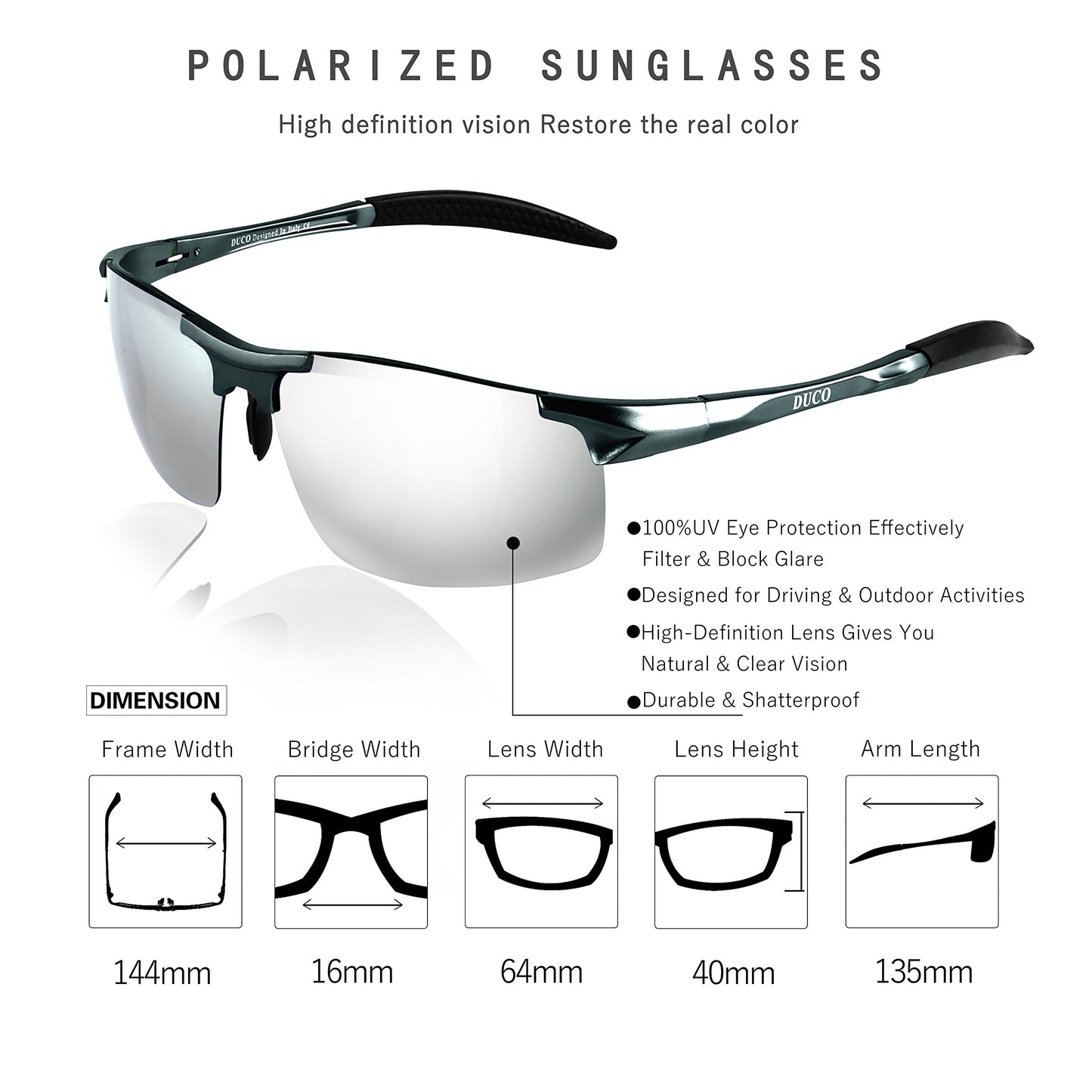 DUCO Herren Sportbrille Polarisierte Sonnenbrille Fahrerbrille Ultraleichte Al-Mg Metallrahmen UV400-Schutz Männer Sonnenbrillen 8177S