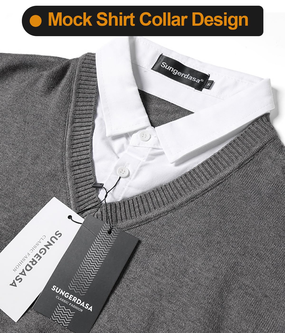 Sungerdasa Men’s 2-in-1 Mock Shirt Collar Sweater – Fine Knit Pullover