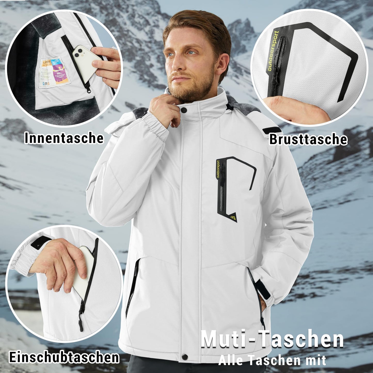 KEFITEVD Herren Skijacke Atmungsaktiv Warm Gefüttert Winterjacke mit Abnehmbarer Kapuze Snowboardjacke Wasserdicht Outdoorjacke