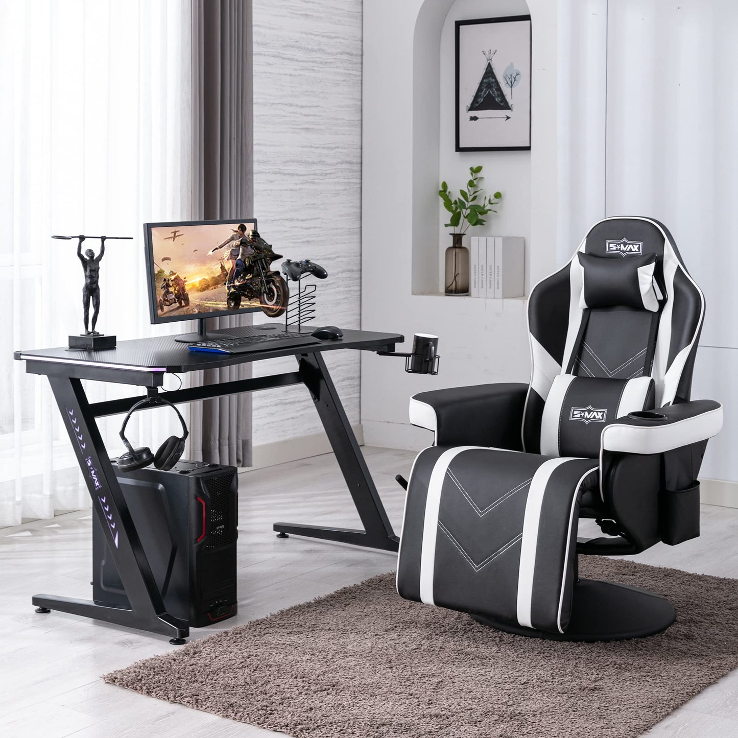 S*MAX Gaming Stuhl mit Fußstütze Gaming Sessel hoher Rückenlehne mit Verstellbarer Rückenlehne Becherhalter Seitentasche Gaming Stühle für Erwachsene Schwarz