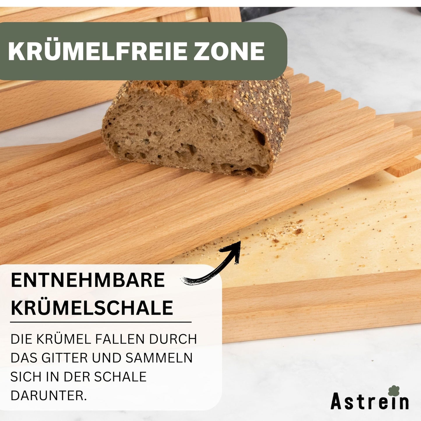 ASTREIN | Brotschneidebrett mit Krümelrost aus massivem BUCHENHOLZ | Holzschneidebrett | Schneidebrett für Brot mit Auffangschale | 40 x 25 cm | leicht zu reinigen | Made in Europe (40 x 25 cm)
