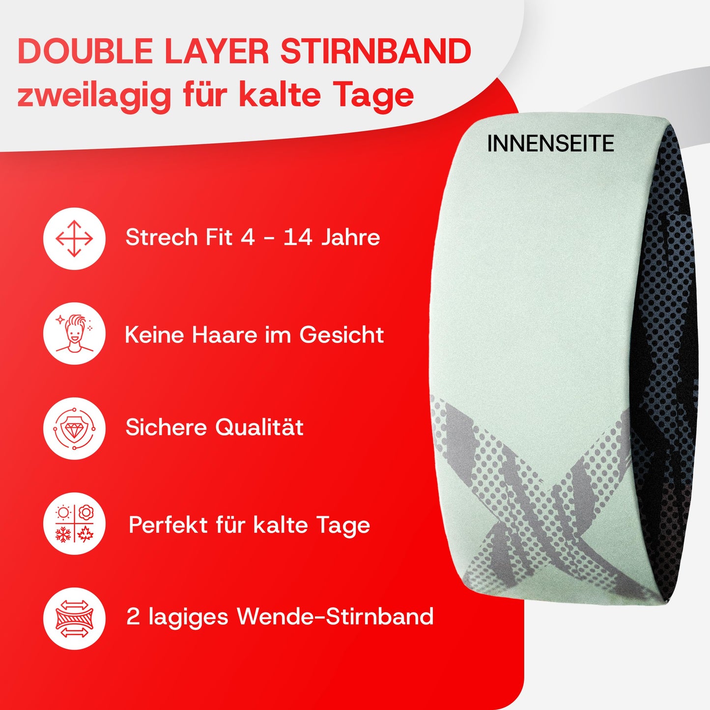 Junior 4-14 Jahre Sport Stirnband zum Wenden, 2-lagig für kalte Temperaturen, schnelltrocknend, Headband, Ohrenschützer, Schweißband, Haarband, Kopfband, Wandern, Laufen, Rad, Ski
