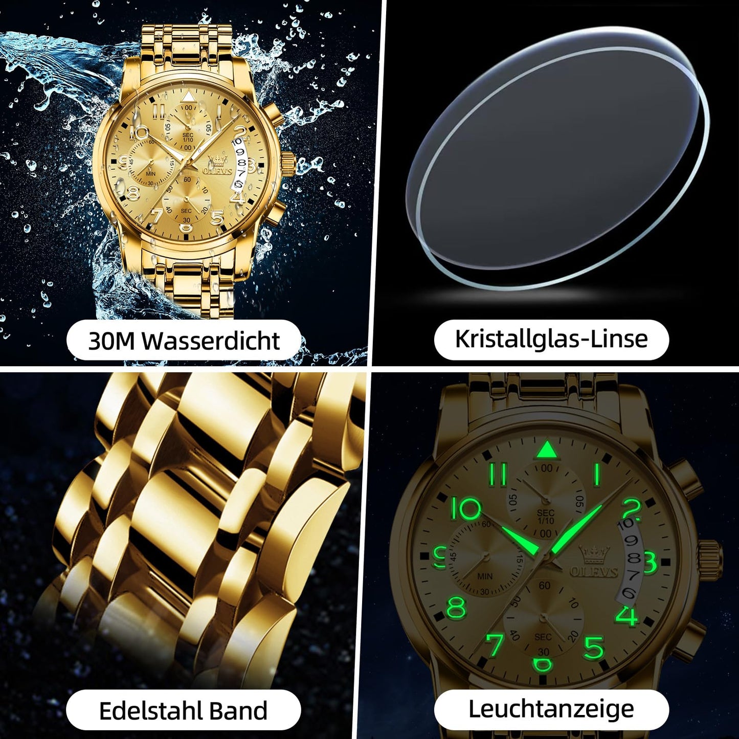 OLEVS Uhren Herren, Edelstahl Analoger Quarzuhr, Multifunktionale Diamanten Herrenuhren, Klassisches Luxuskleid Herrenuhr