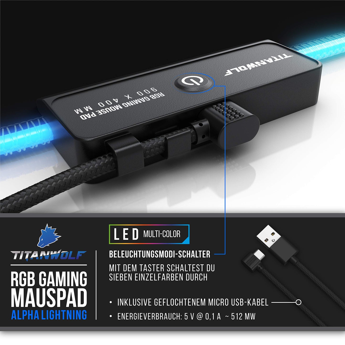 TITANWOLF - RGB Gaming Mauspad - LED Schreibtischunterlage - 800x300 mm - XXL Mousepad - LED Multi Color - 11 Beleuchtungs-Modi - 7 LED Farben Plus 4 Effektmodi - abwaschbar - Stars