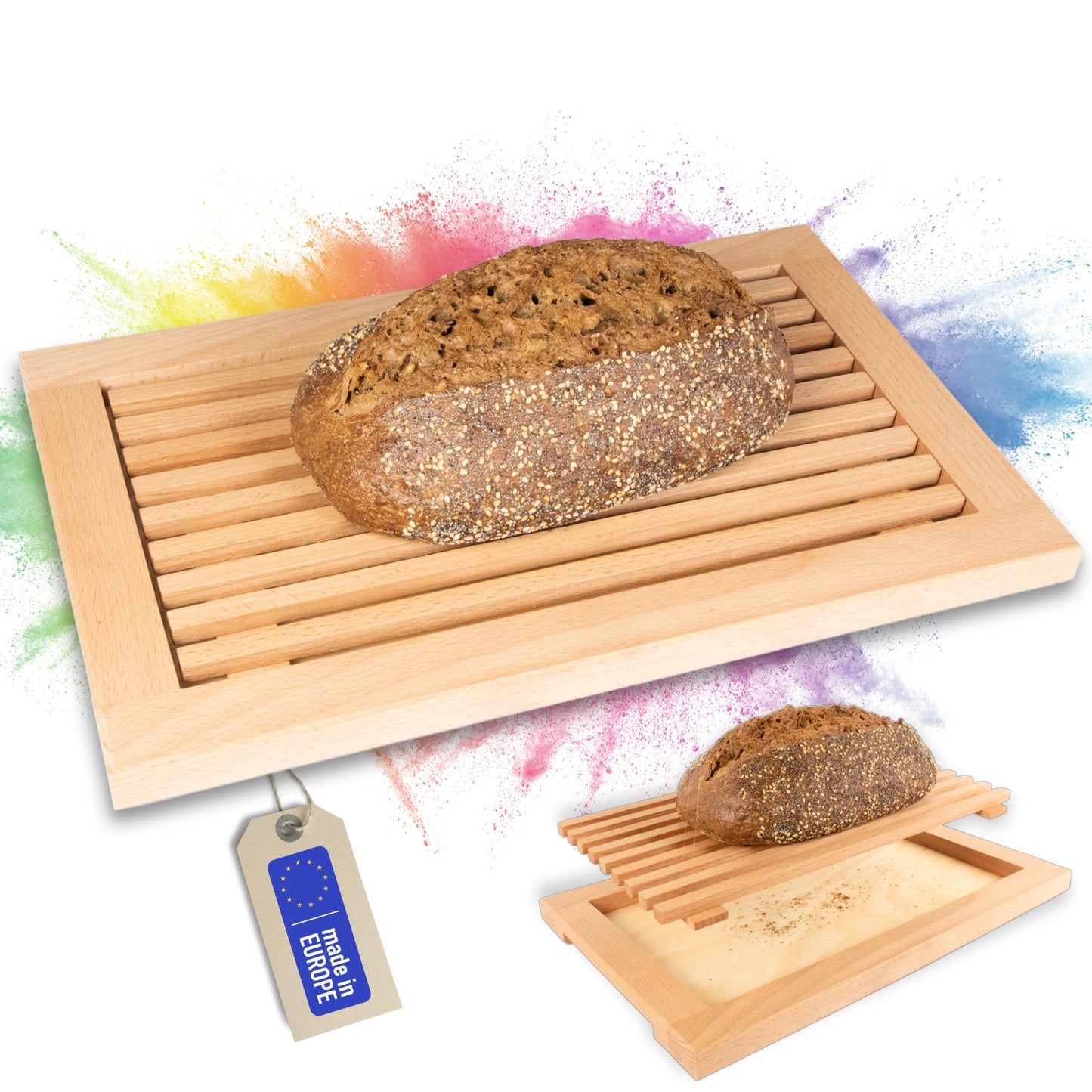 ASTREIN | Brotschneidebrett mit Krümelrost aus massivem BUCHENHOLZ | Holzschneidebrett | Schneidebrett für Brot mit Auffangschale | 40 x 25 cm | leicht zu reinigen | Made in Europe (40 x 25 cm)