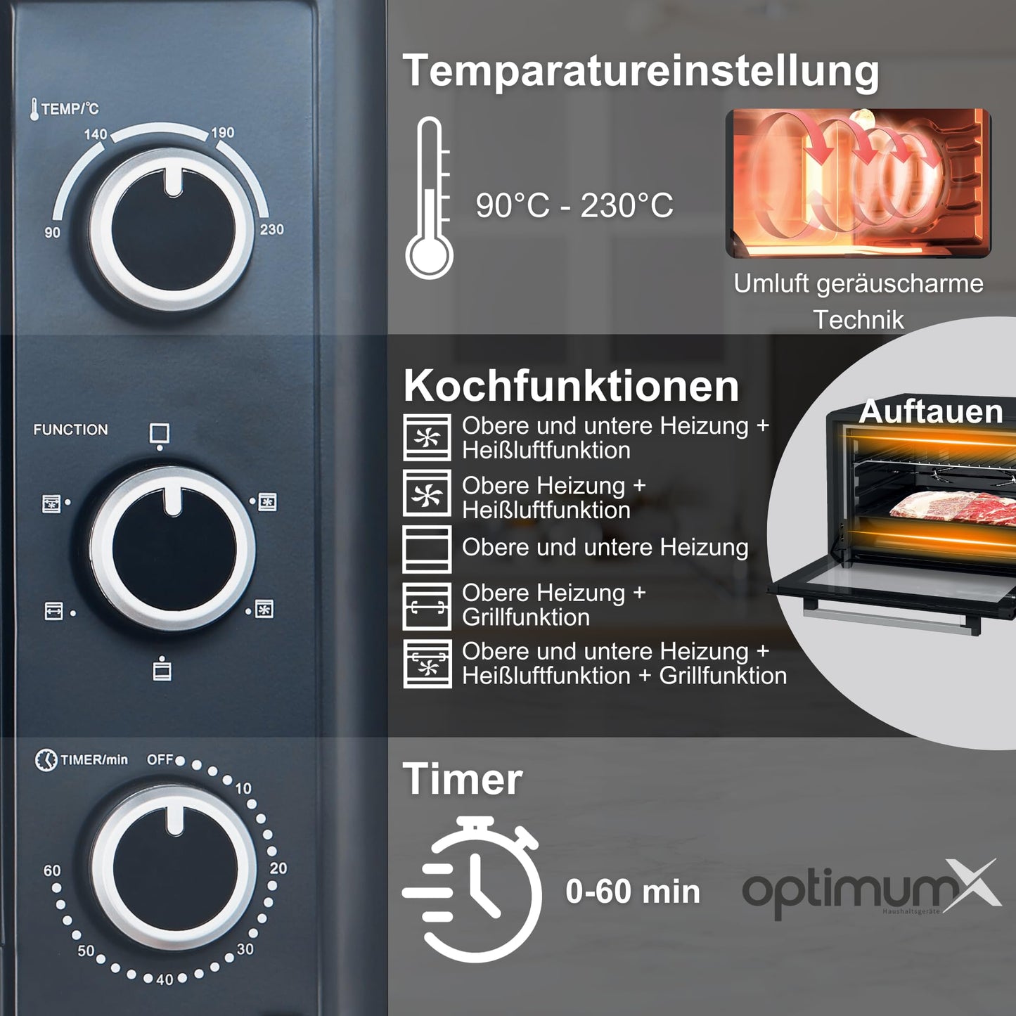 OptimumX 20 L Minibackofen, Klein mini Backofen mit Umluft, 60 Min Timer, Pizza-Ofen, 1380 W, Schwarz