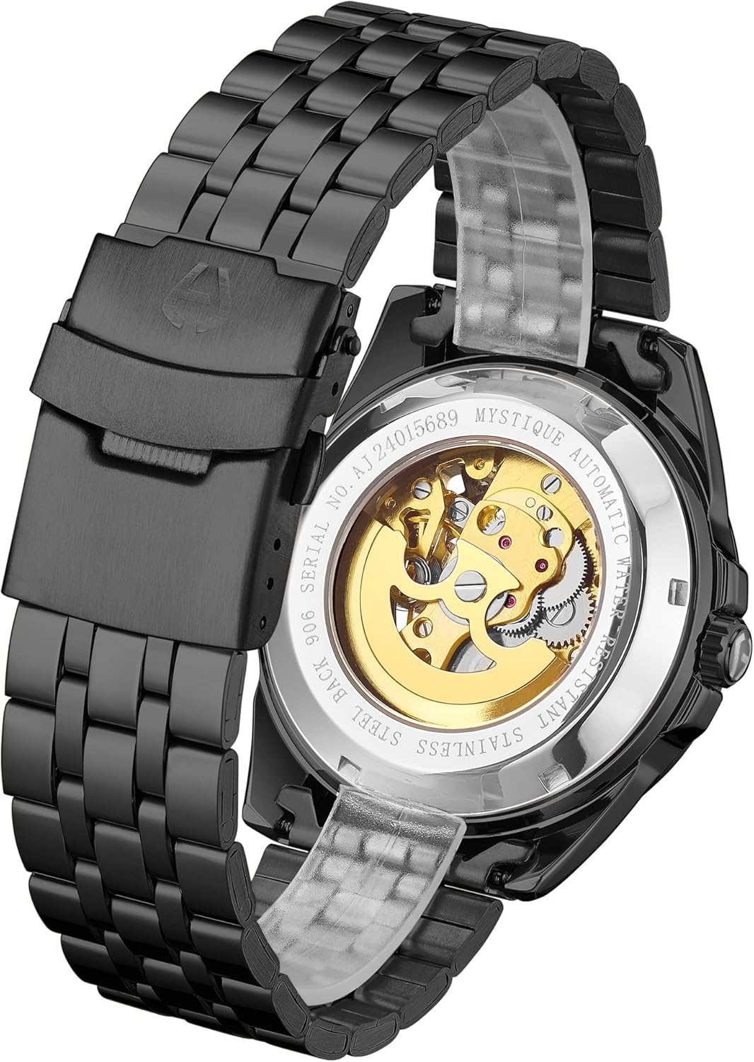 Anthony James Mystique Automatische Armbanduhren Herren - Handmontierte Wasser- & Kratzfeste Analoguhr mit 21 Juwelen Gold Skelett Zifferblatt Analoge Uhren Herren, Schwarz , Armband