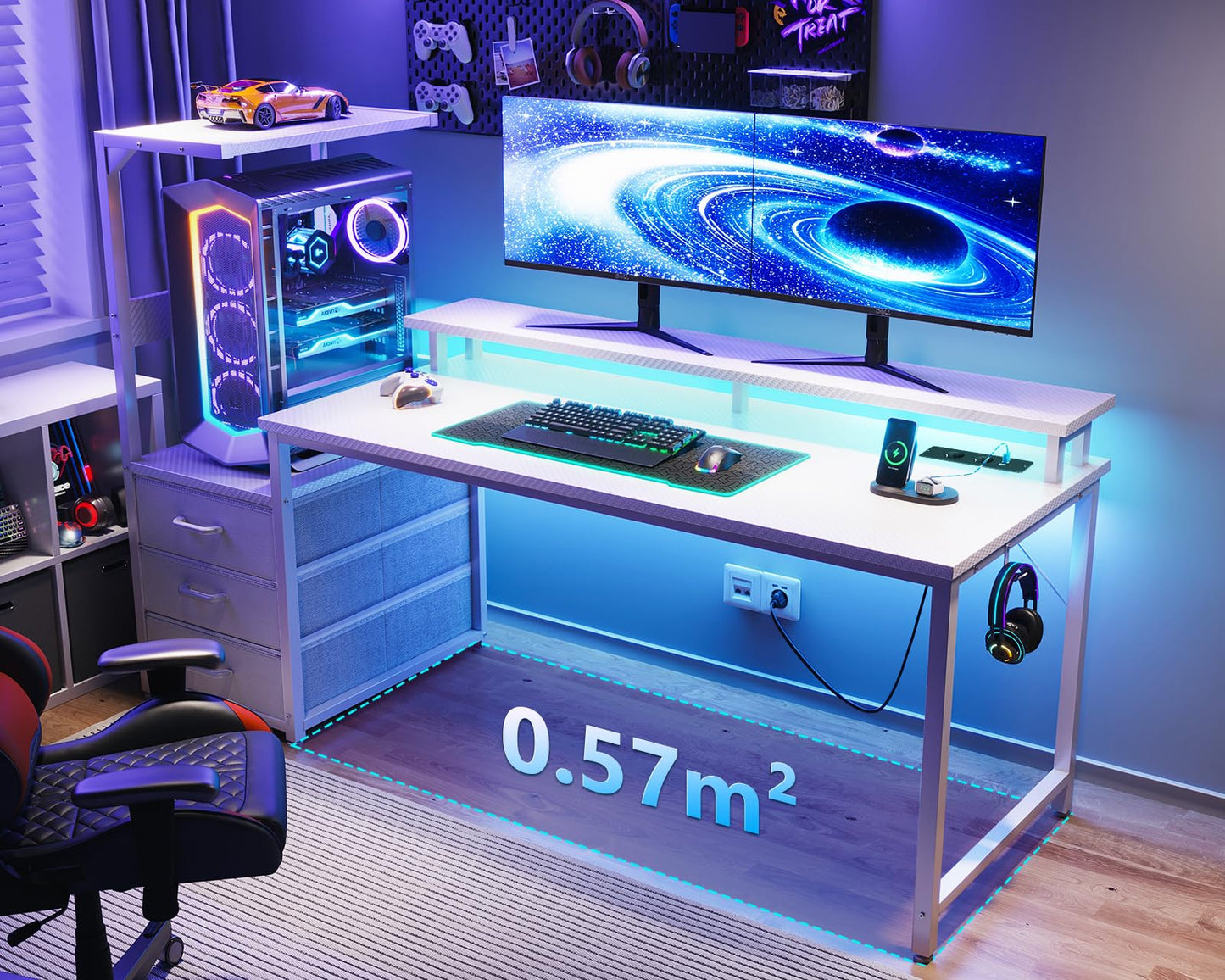 Coleshome Gaming Table with LED Lighting & Socket, Gaming Desk with Drawers, Computer Desk with Shelves & Monitor Stand, Carbon Fibre Black, 151 x 50 cm