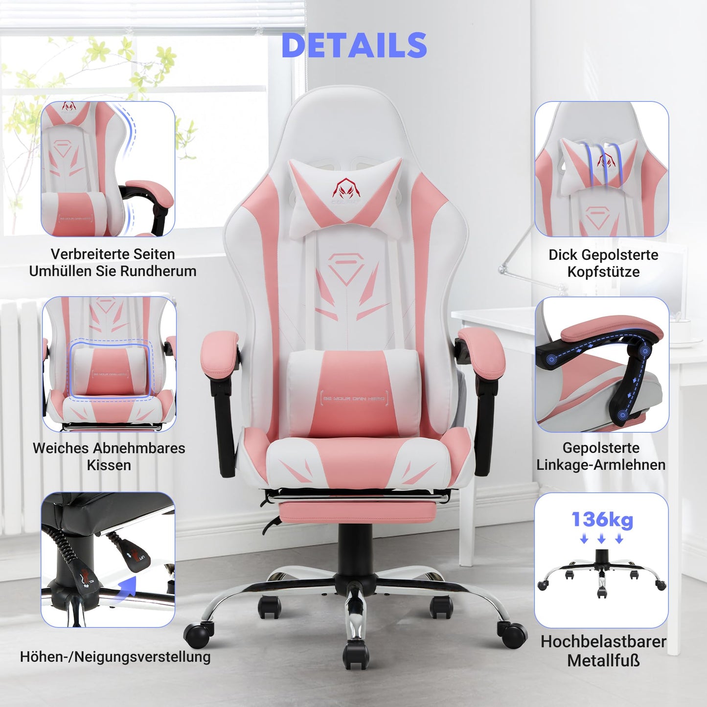 COLAMY Gaming Stuhl, Computer Stuhl mit Fußstütze und Lendenwirbelstütze, höhenverstellbarer Gaming Chair mit 360°-Drehsitz und Kopfstütze, Video Gamer PC Stuhl, Ergonomische hohe Rückenlehne, Weiß