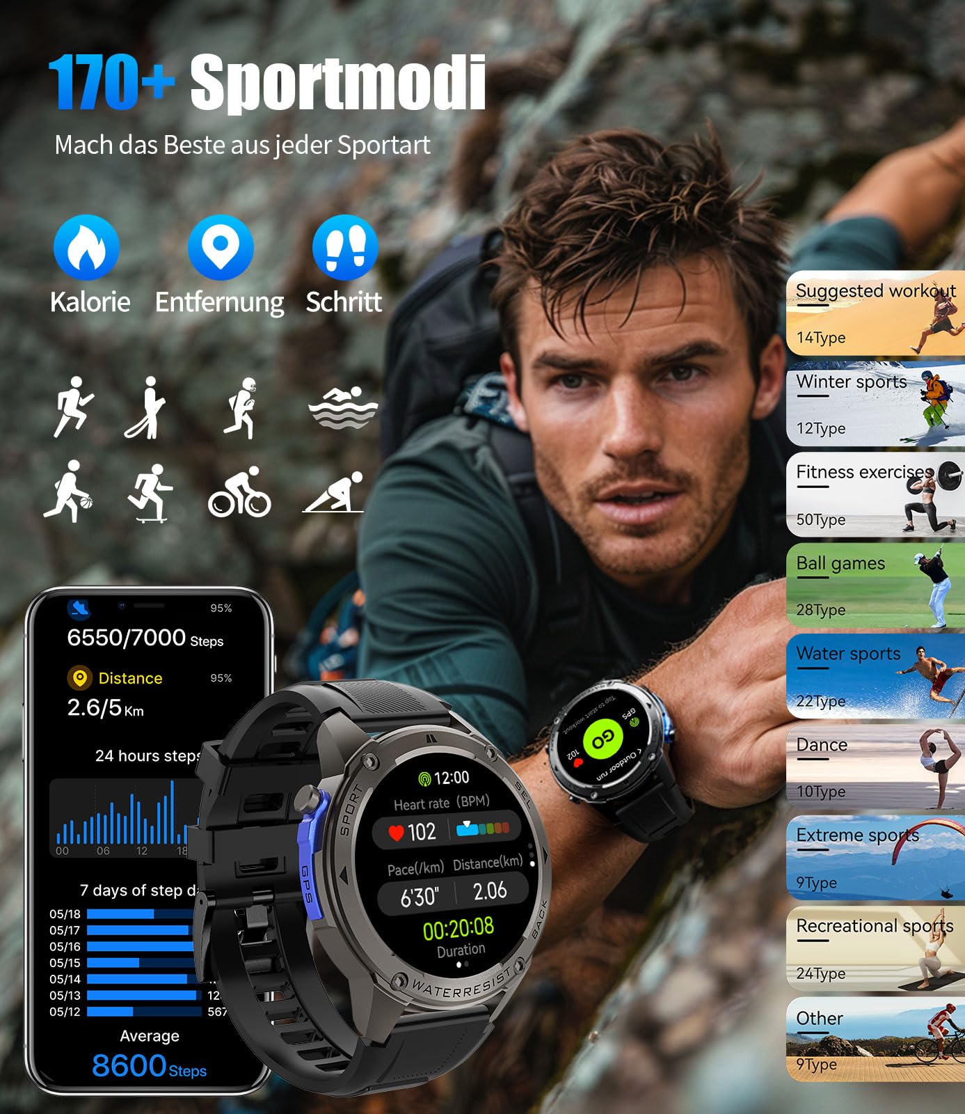 LIGE GPS Smartwatch Herren,1,43" HD AMOLED Smartwatch mit Telefonfunktion,Fitnessuhr,Gunmetal Militär Uhr mit 170+ Sportmodi,Herz-/Schlaftracking/Kompass,5ATM Wasserdicht Sportuhr für iOS/Android